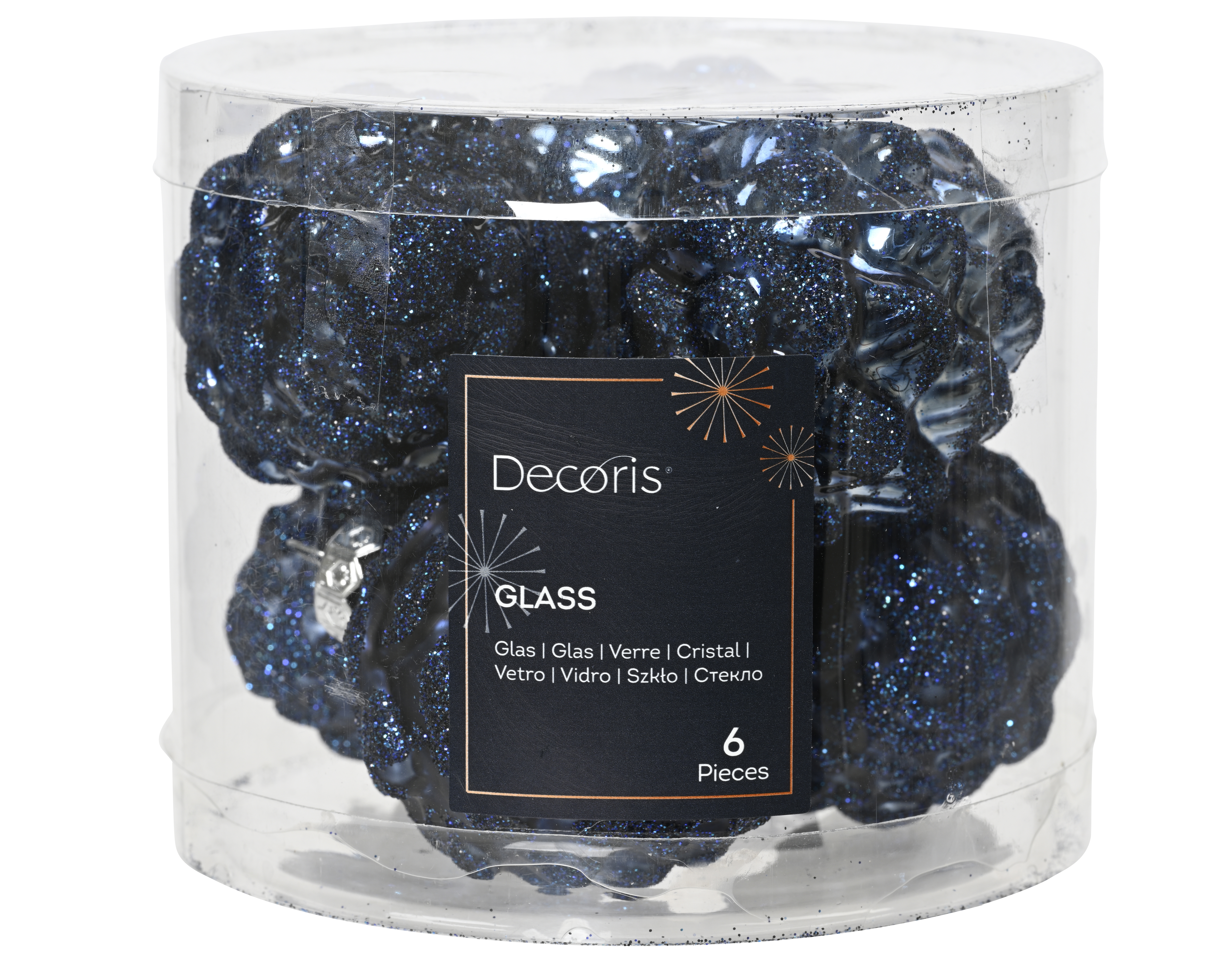 Boomhanger Glas Dennenappel Nachtblauw set 6 stuks 5x7 cm
