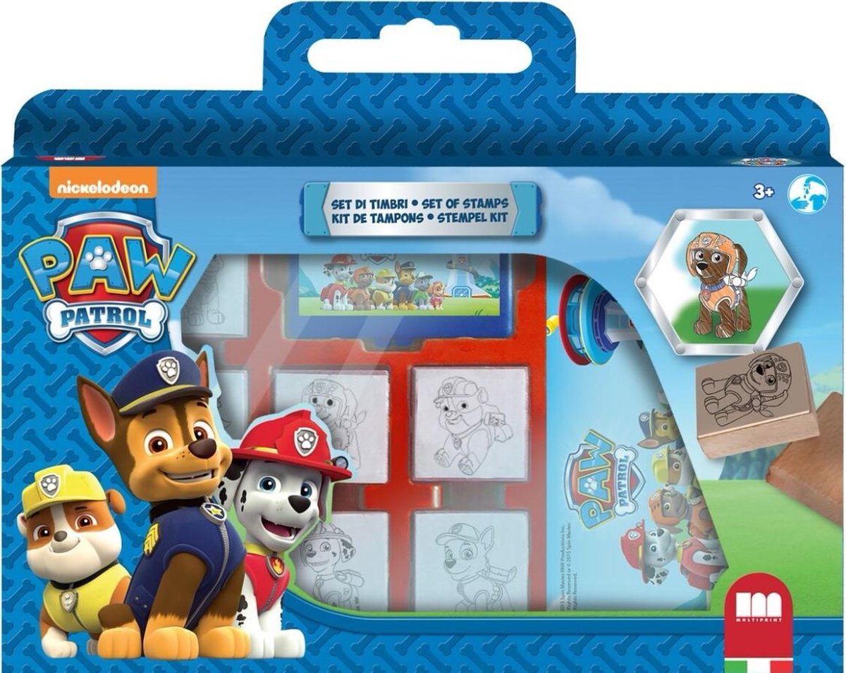 Paw Patrol Stempeldoos 7 houten stempels, 3 stiften, inktkussen