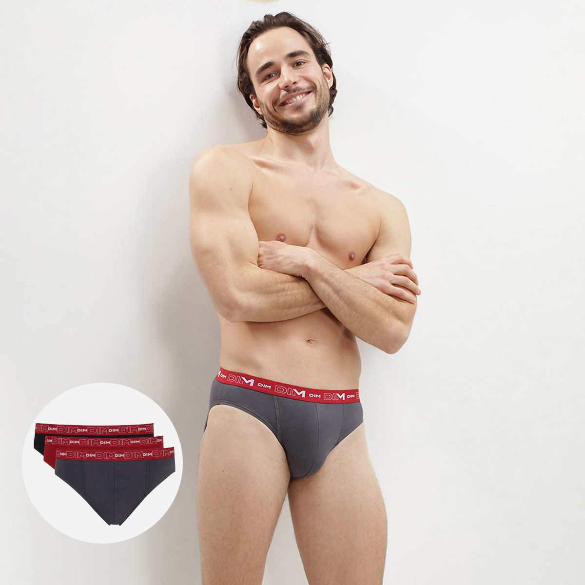 Dim Slip Heren Coton Stretch 3 stuks Grijs Lood/Rood/Zwart medium