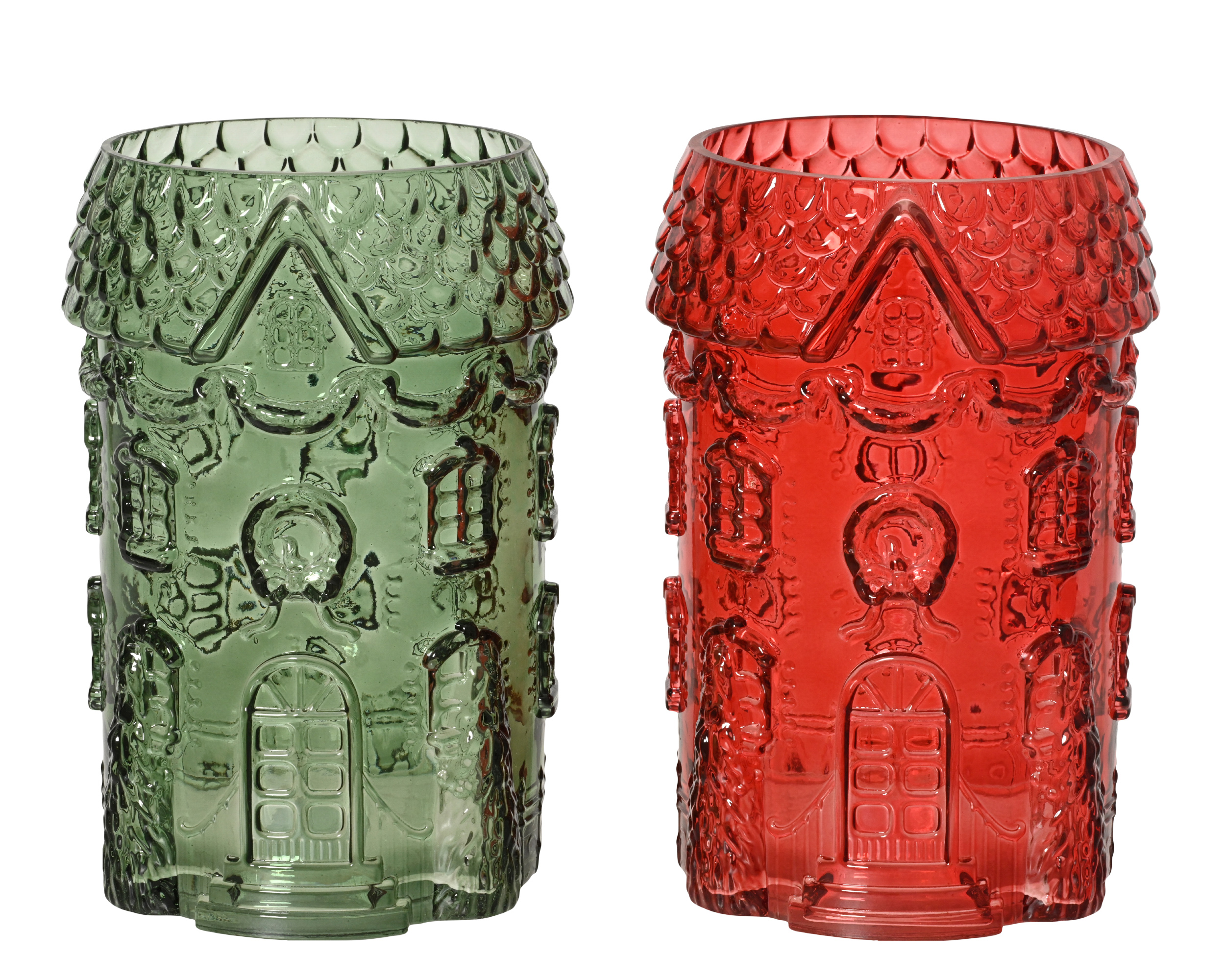 Windlicht Rood/Groen 15x22 cm - Glas - assorti - prijs per stuk