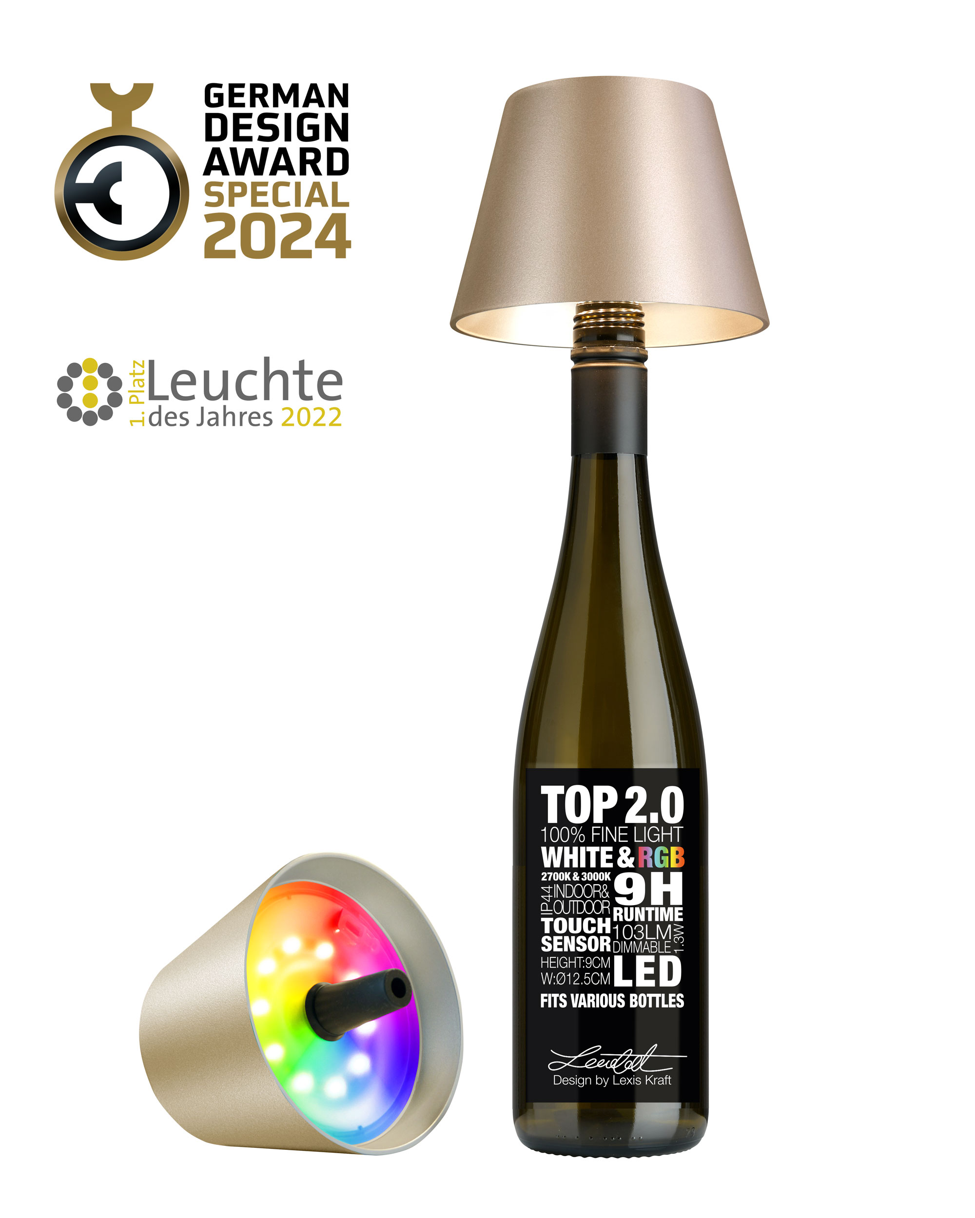 Sompex LED Tafellamp Top 2.0 Champagne - 9x12.5 cm - Oplaadbaar via USB-C (incl.) - 1.3 W