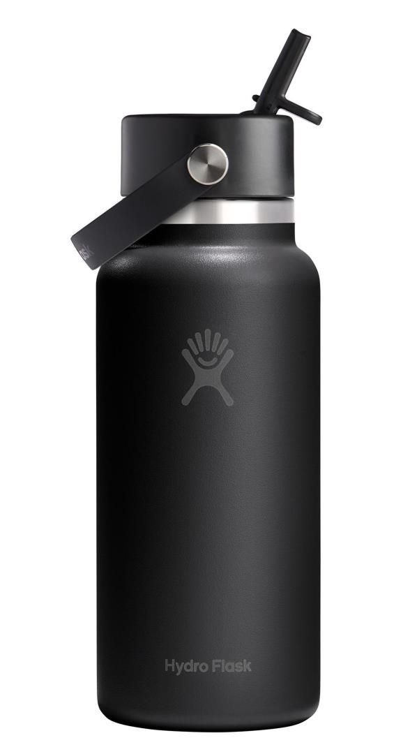 Hydro Flask Isoleerfles Standard Mouth Black 946ml met Rietjesdeksel - RVS - Dubbelwandig - 9x27 cm