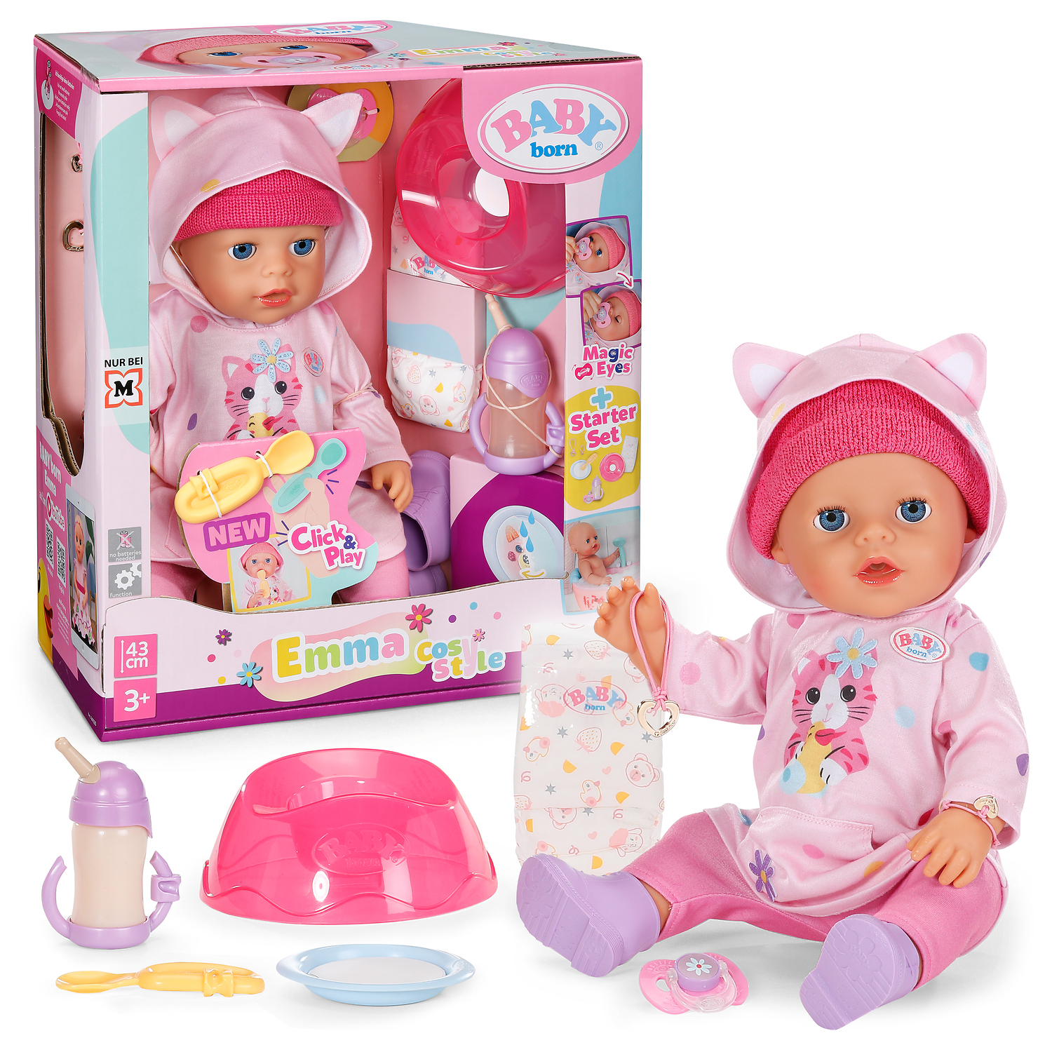 Baby Born Click & Play Deluxe Emma met gezellige kledij , Pop 43 cm met accessoires