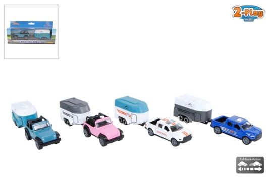 2-Play auto met Paardentrailer 16.5 cm Pull back, metaal