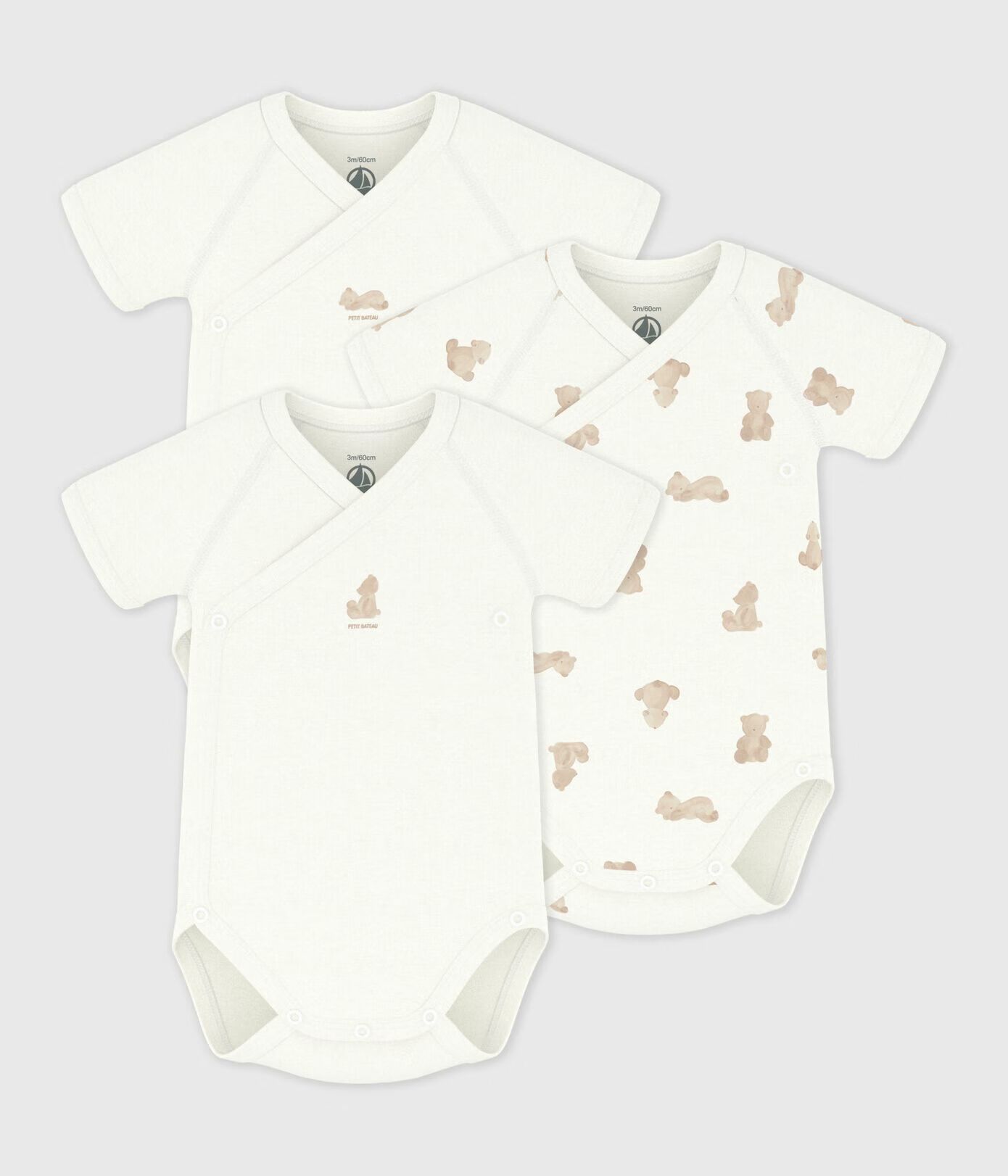 Petit Bateau Body Newborn Wit-Beige Print - 3 stuks - 1 maand