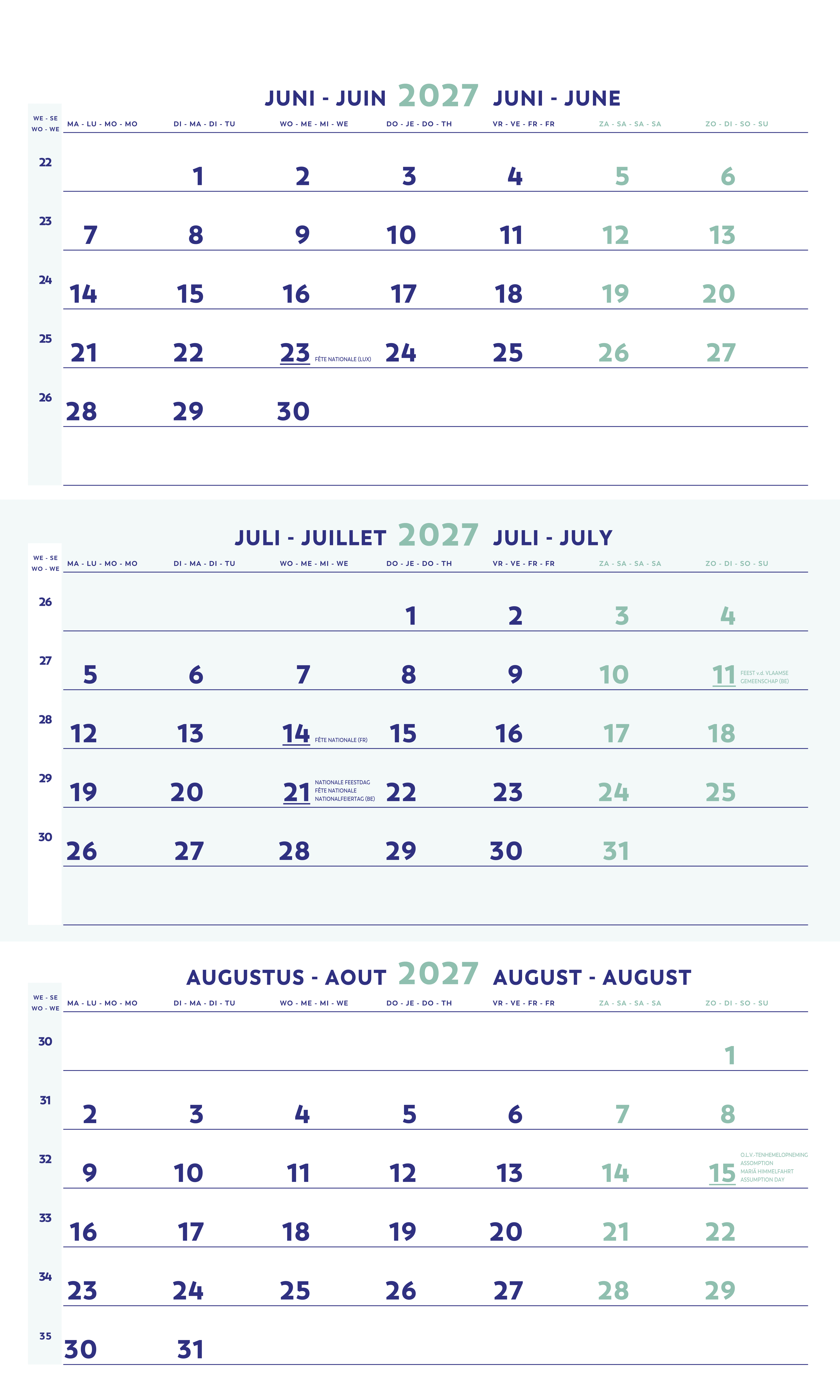Brepols 3-Maandskalender 2027 - 30x43 cm