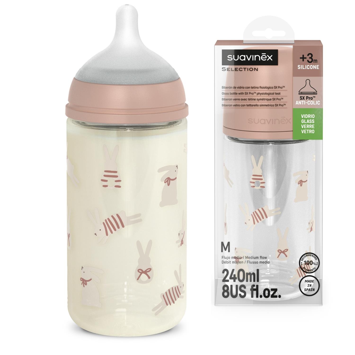 Suavinex Zuigfles Sx Pro Wonderland Glas 240 ml - Zuigspeen small - Konijn Roze