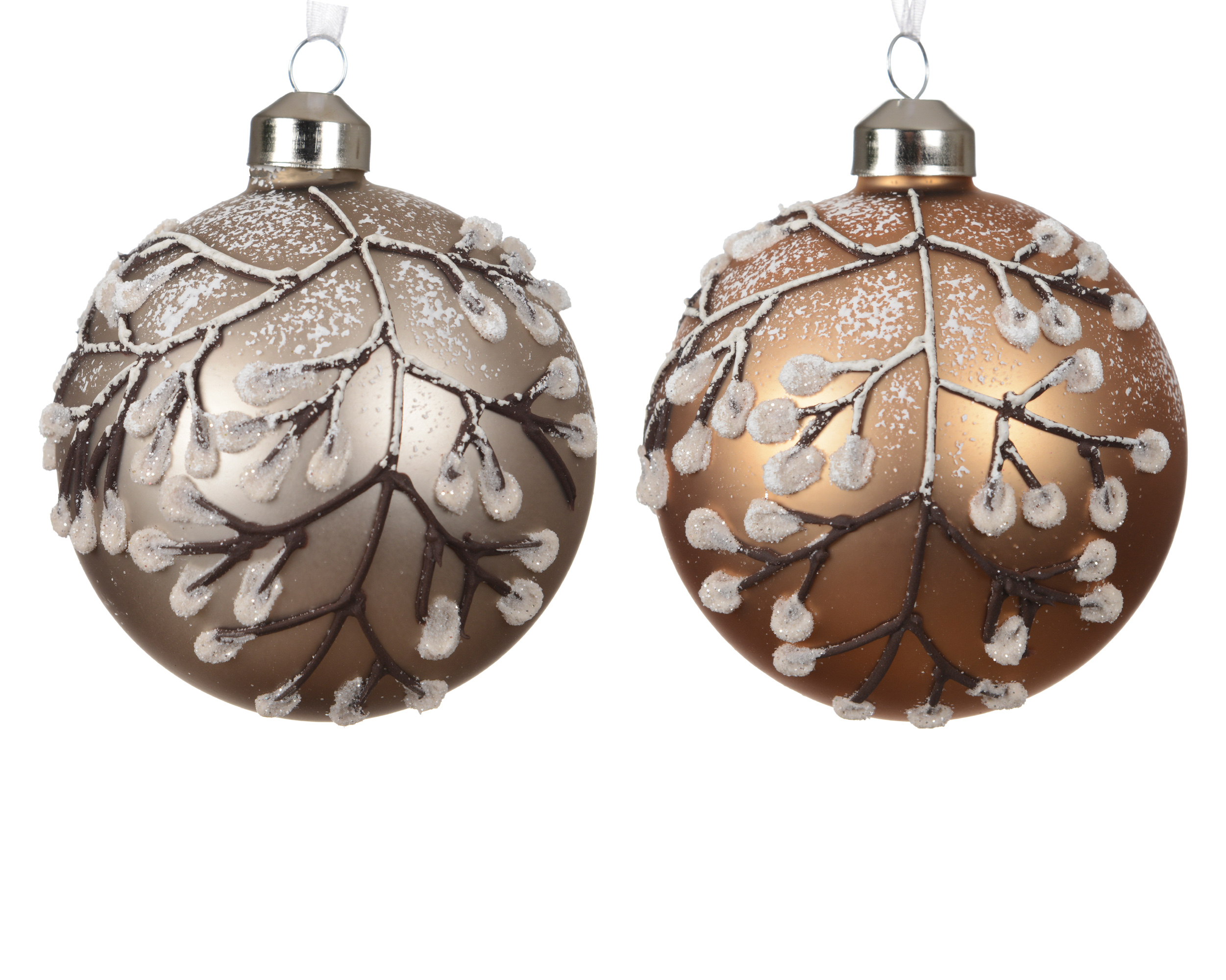 Kerstbal Glas 8cm met Besneeuwde Takken - Mat - assorti - prijs per stuk