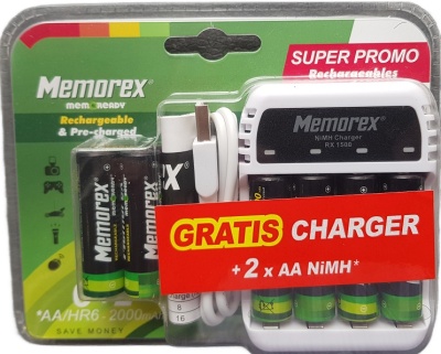 Memorex Promopack 6+2 AA Oplaadbare Batterijen met Lader RX 1500