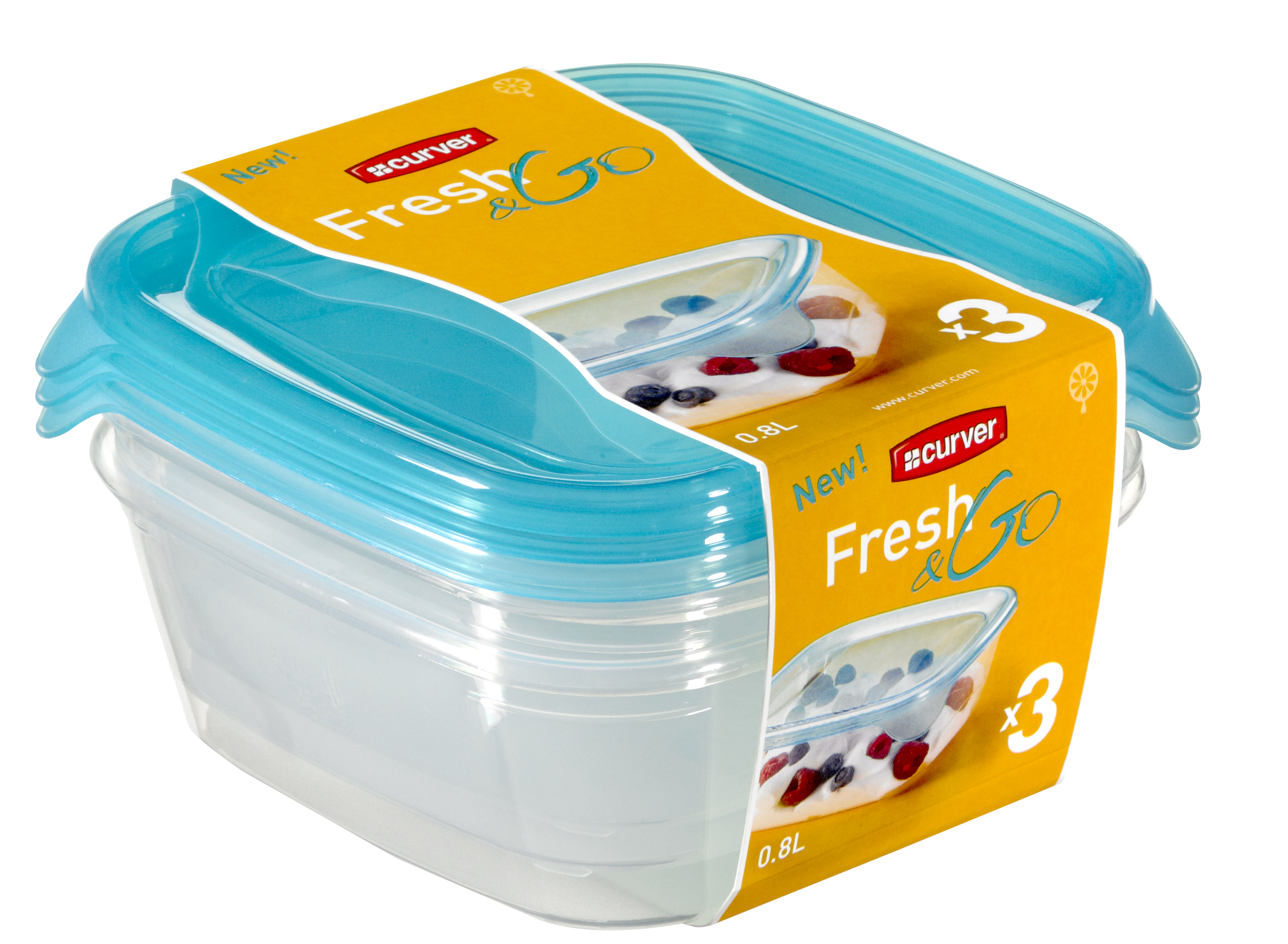 Curver Bewaardoos Fresh&Go Transparant/Blauw 800ml set 3 stuks - 15.5x15.5x11 cm