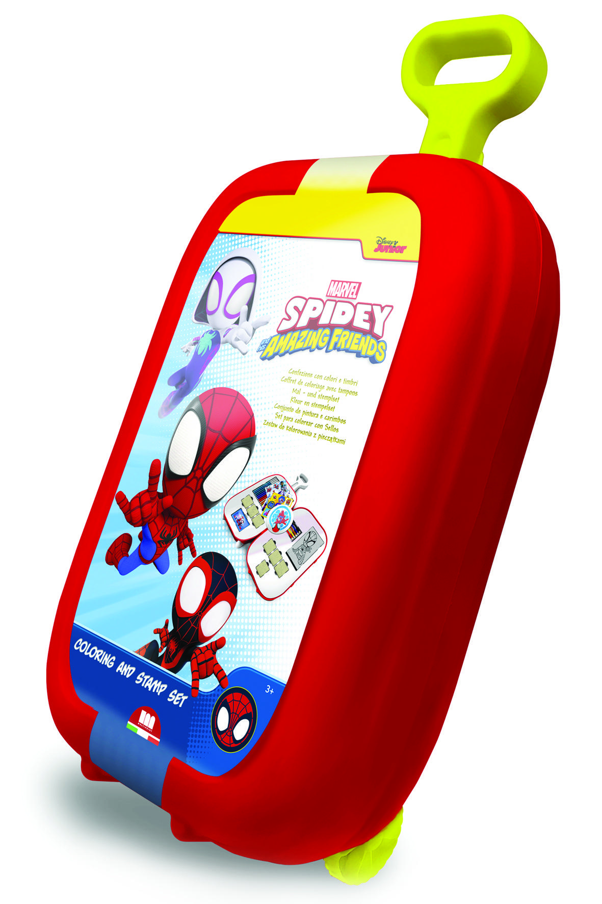 Spidey Trolley met 7 houten stempels, 18 stiften, 5 potloden, stickers,inktkussen