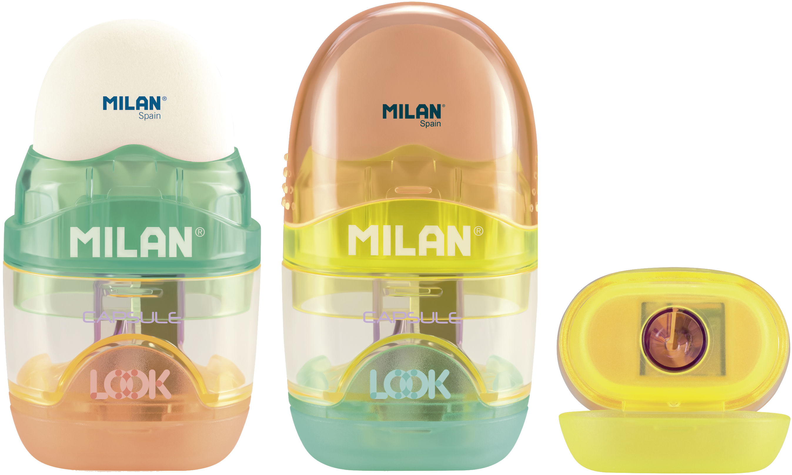 Milan Potloodslijper New Look met Gom - assorti - Prijs per Stuk