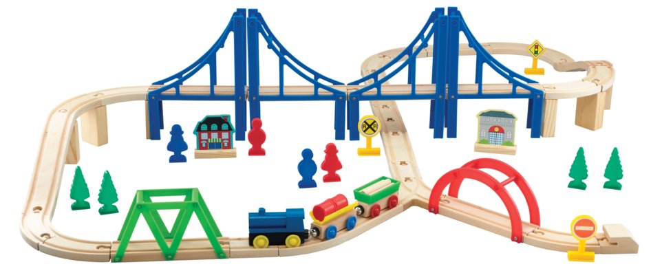 Houten Treinset 60-delig, met grote hangbrug