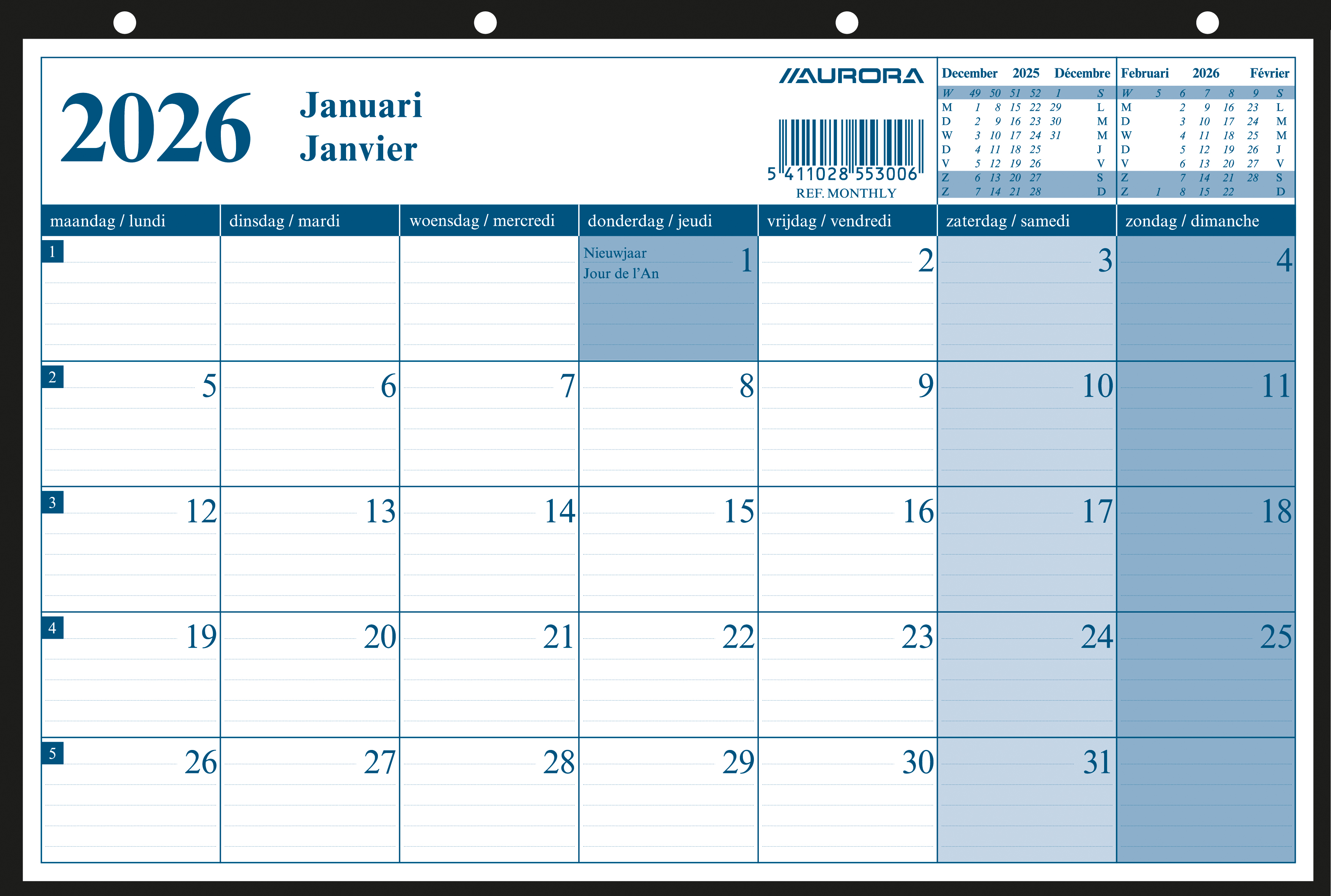 Aurora Maandkalender 2026 Seta 1maand/2pag Zwart 29x21 cm