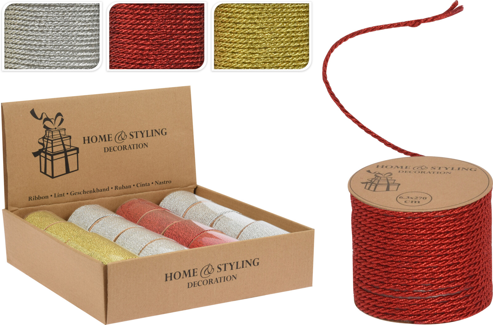 Touw Zilver/Rood/Goud Glitter 3mm x 40m - assorti - prijs per stuk