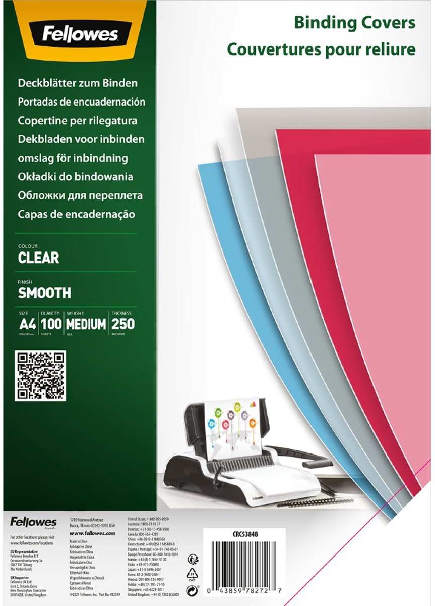 Fellowes Dekbladen A4 Gerecycled PVC 180 Micron Clear 100 stuks