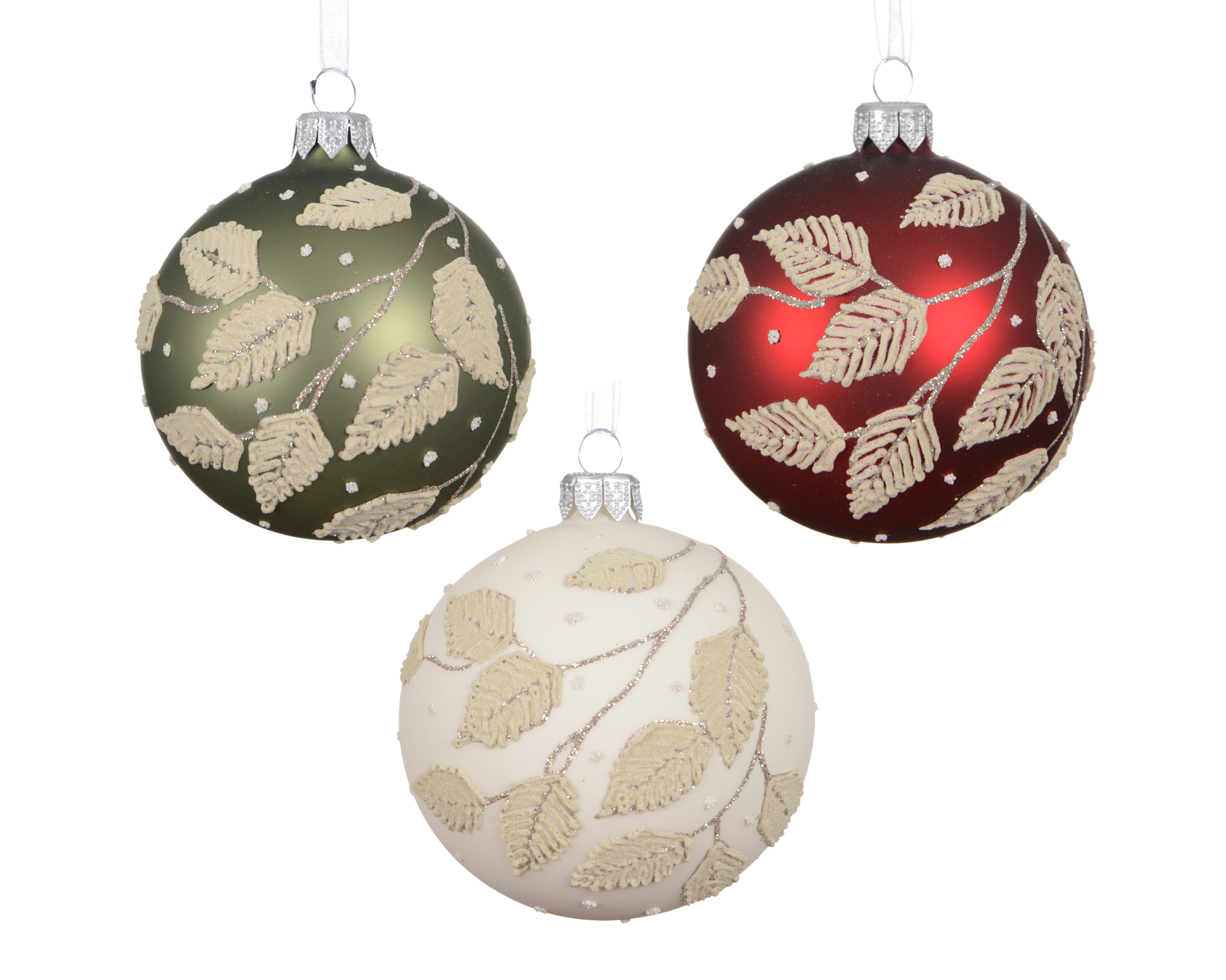 Kerstbal Glas 8cm met Bladeren - Mat - assorti - prijs per stuk