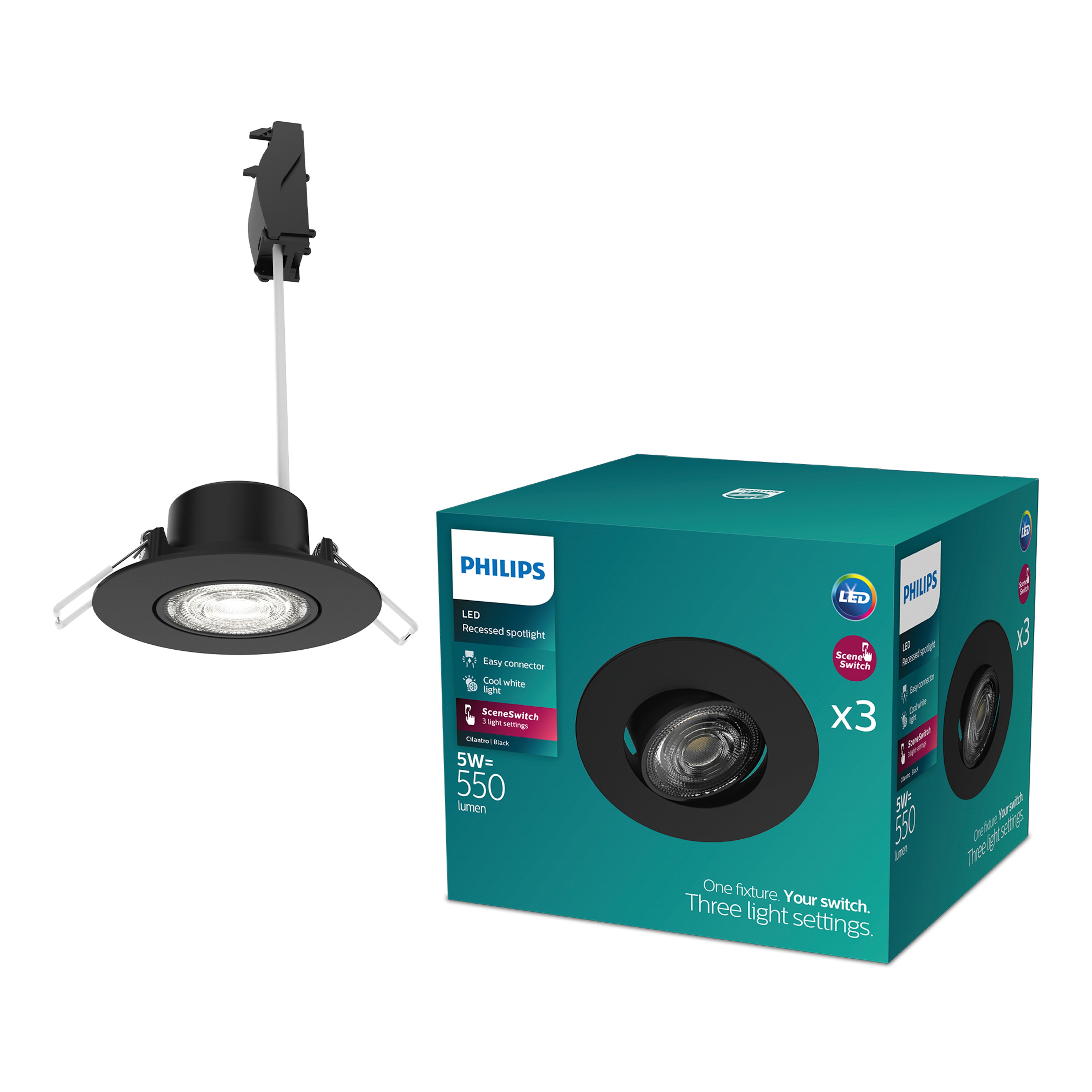 Philips Cilantro Inbouwspot Rond Zwart 68 mm 5W 550lm 4000K Dimbaar - 3 stuks Philips Cilantro Inbouwspot Rond Zwart 68 mm 5W 550lm 4000K Dimbaar - 3 stuks