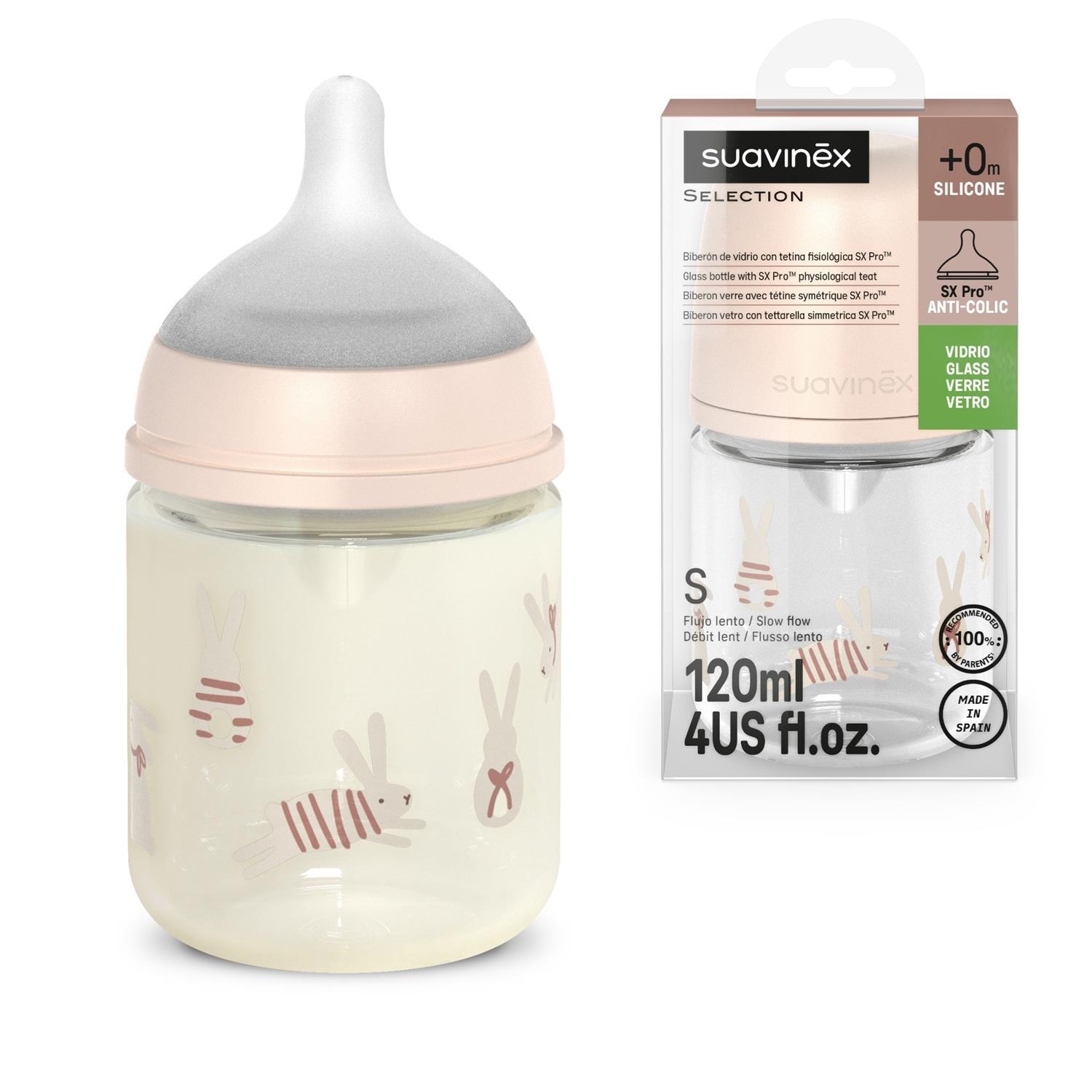 Suavinex Zuigfles Sx Pro Wonderland Glas 120 ml - Zuigspeen small - Konijn Roze