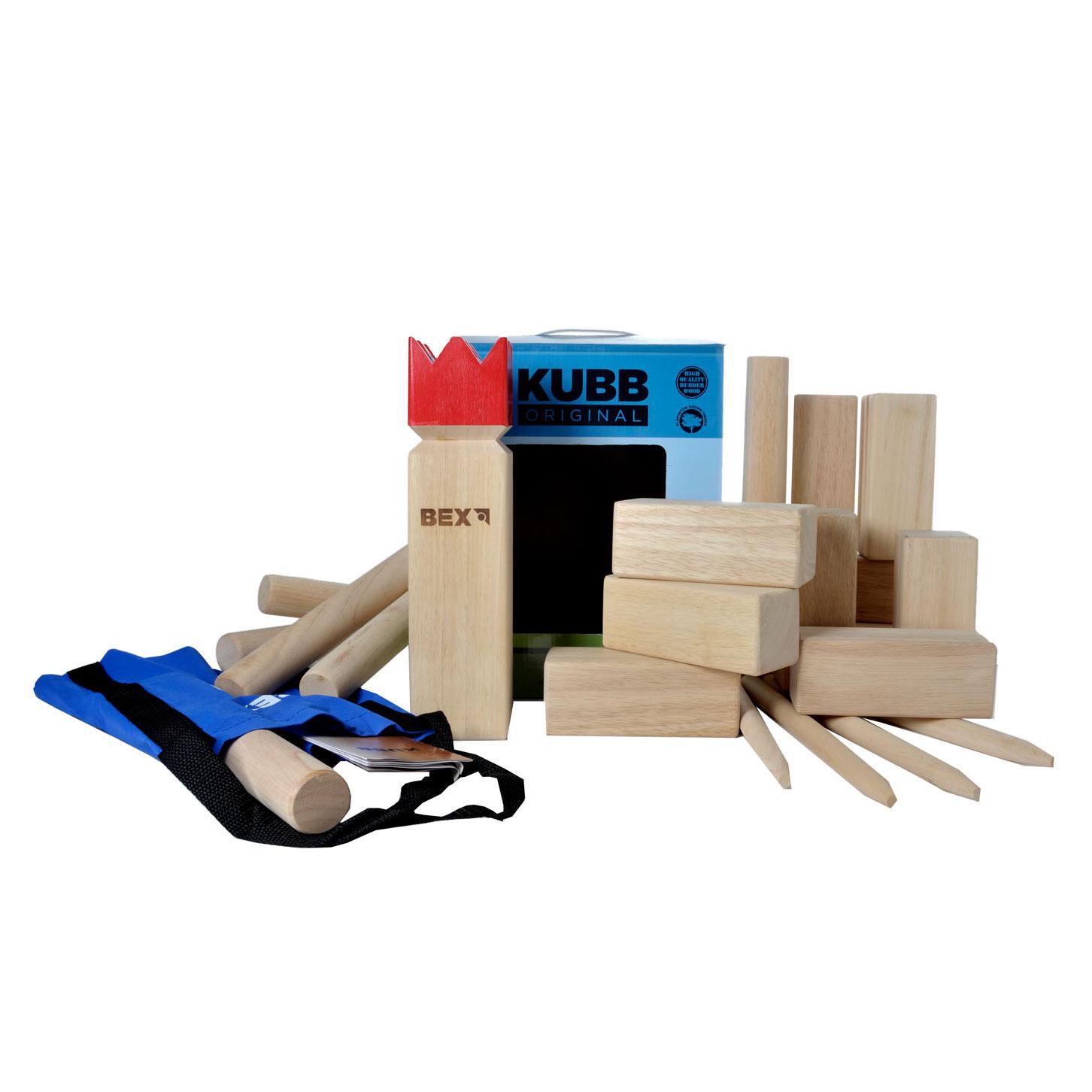 Bex Kubb Viking Original met Rode Koning in rubberhout met draagtas