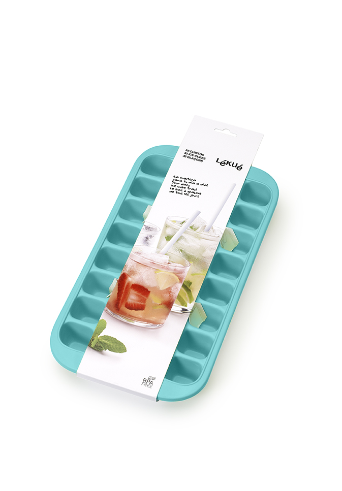 Lékué IJsblokjesvorm Turquoise voor 32 IJsblokjes - Silicone - 34x18.7x4.4 cm - met Deksel