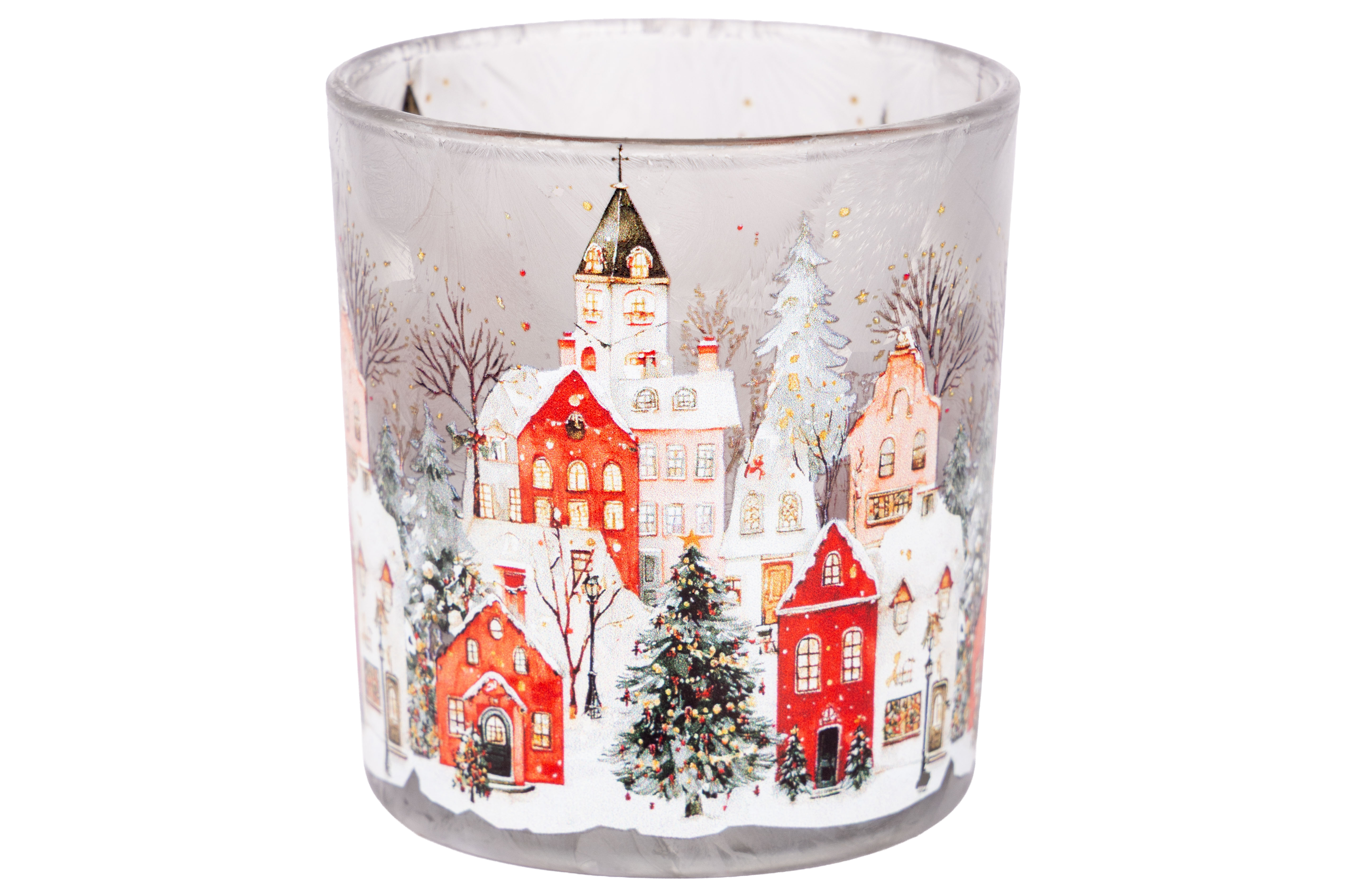 Cosy@Home Theelichthouder Winter Village 7.5x8 cm - Glas
