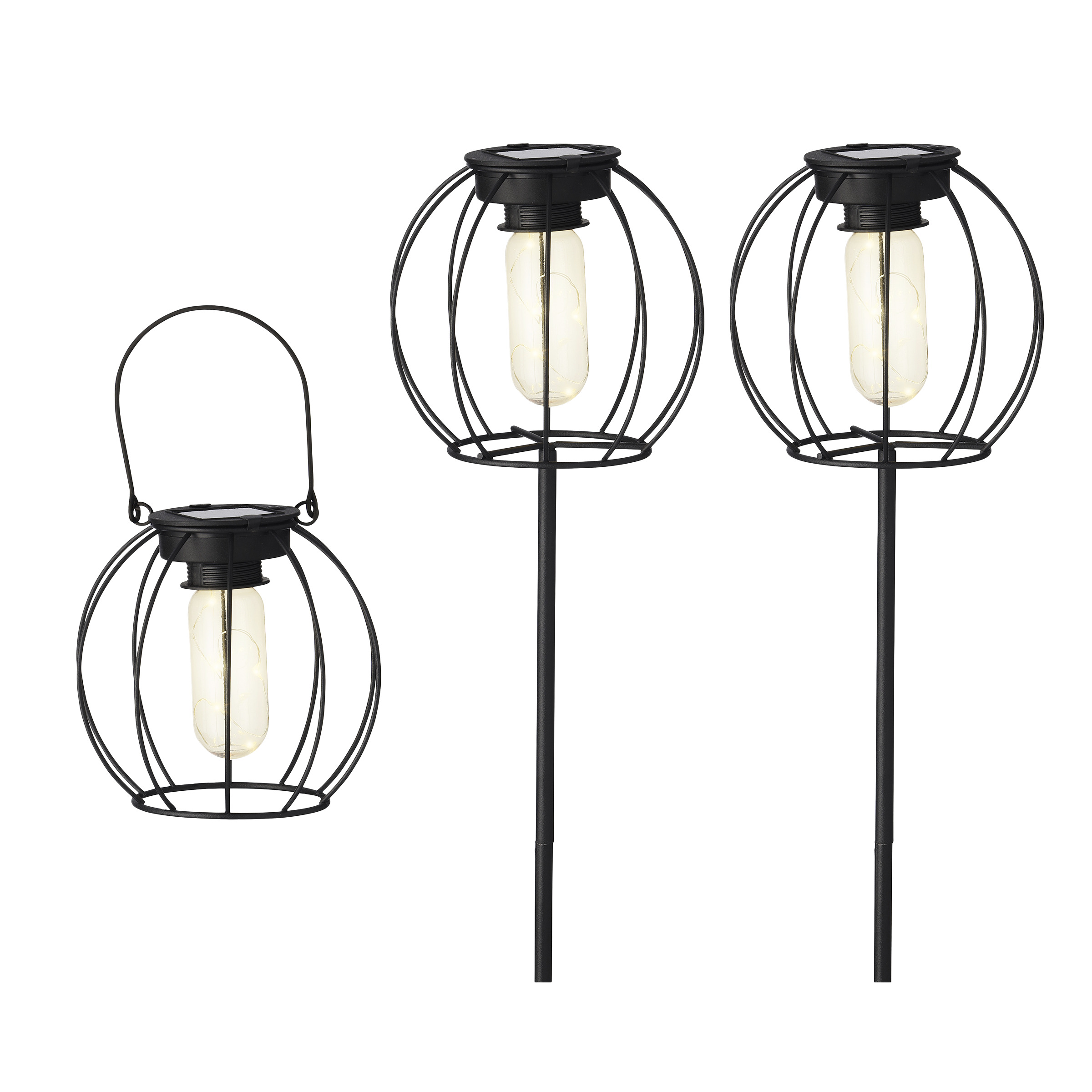 Decoris Tuinverlichting set Metaal Zwart Solar 2 Steeklampen + 1 Lantaarn