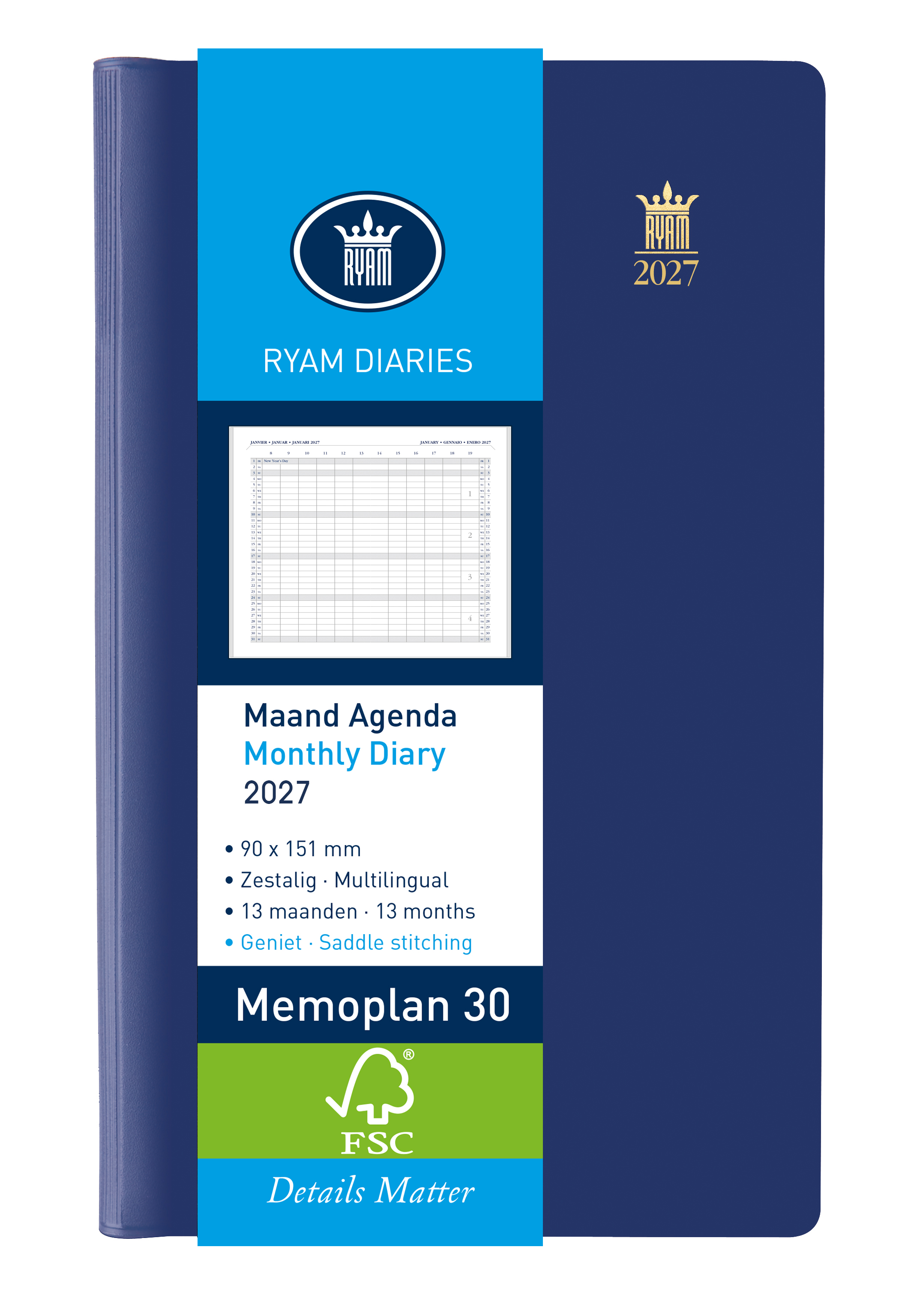 Ryam Agenda 2027 Memoplan 30 Suprema Wit 1maand/2pag assorti 9x15 cm - prijs per stuk