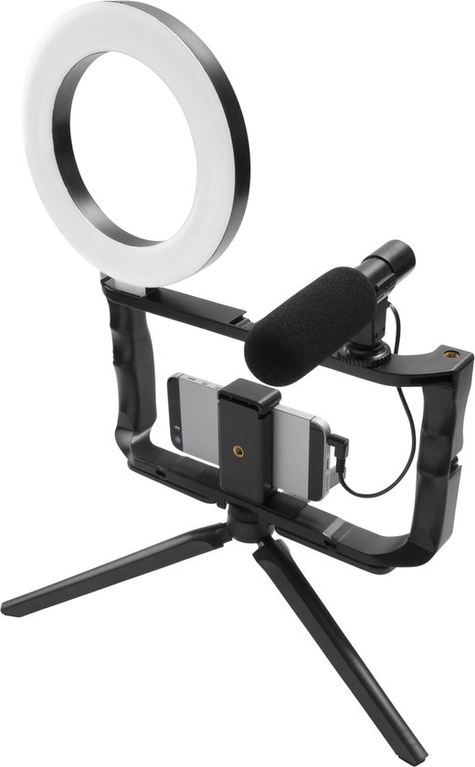 Gadget Monster Vlogging Kit Frame-Tripod -Led Ring-Microphone - Black - Gam-1022