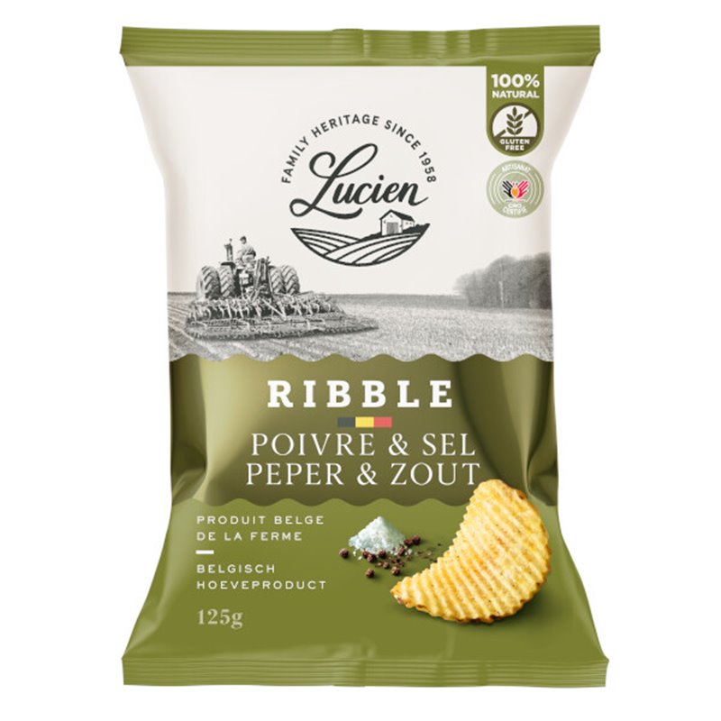 Les Chips de Lucien Belgische Geribbelde Chips Peper & Zout 125g