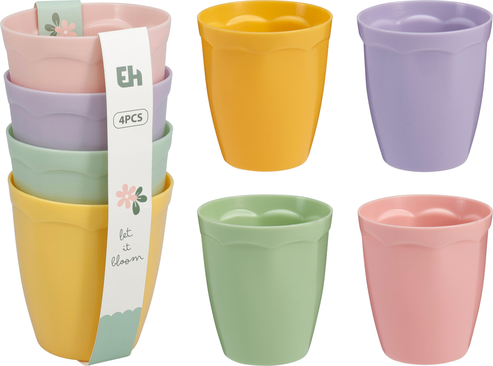 Drinkbeker 300ml set 4 stuks - PP - 8x9 cm - Verschillende Kleuren in Set