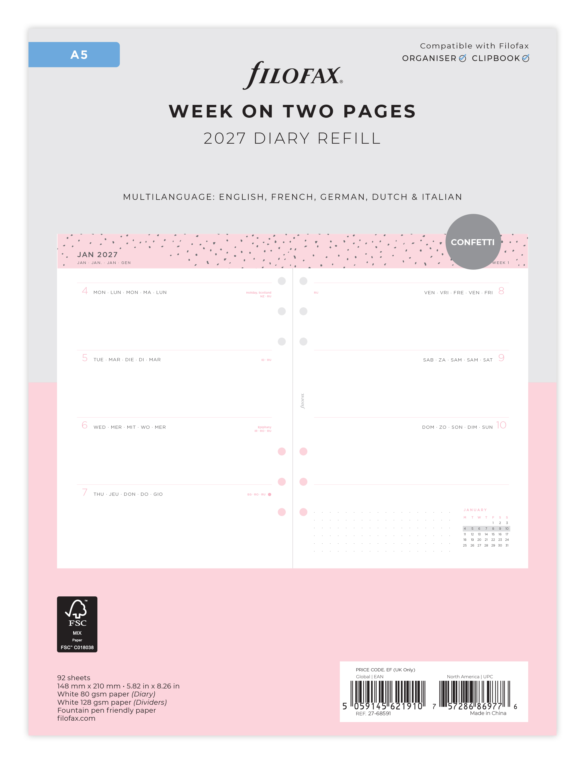 Filofax Agendavulling 2027 Confetti A5 Meertalig 1week/2pag