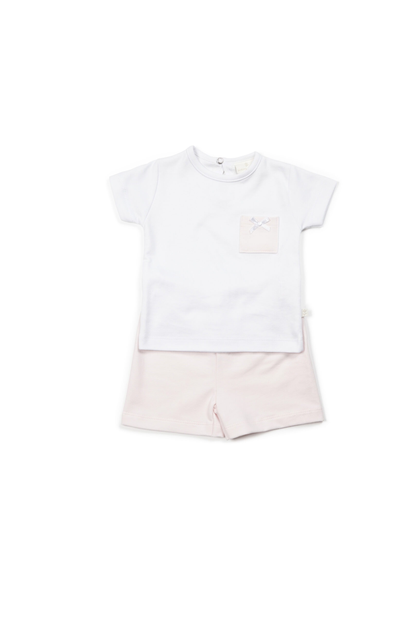 Living Nature Pyjama Meisjes Cato 2-delig Kort Wit-Roze met Strikje - 12 maand
