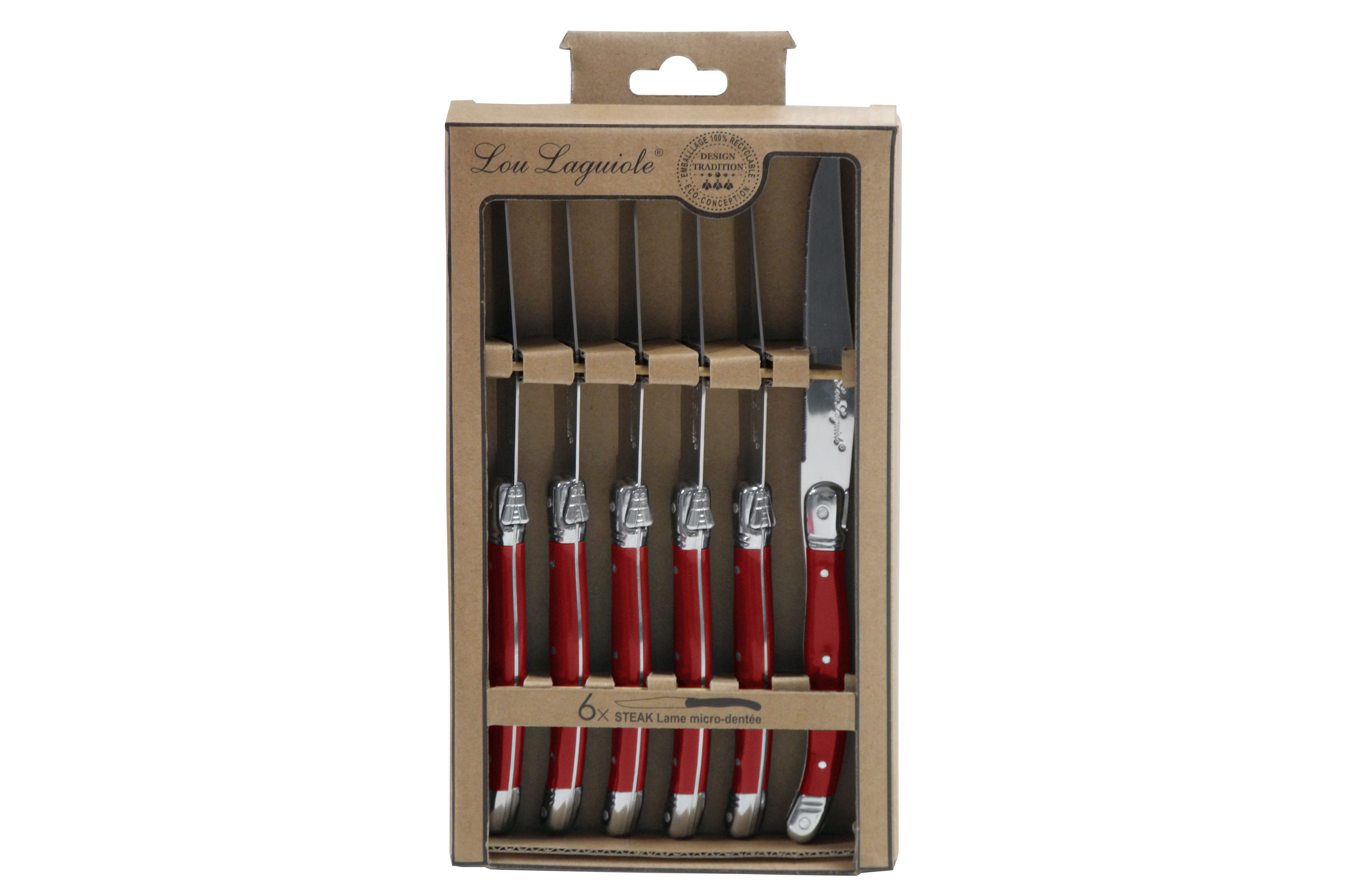 Lou Laguiole Steakmes Rustic Rood set 6 stuks - RVS