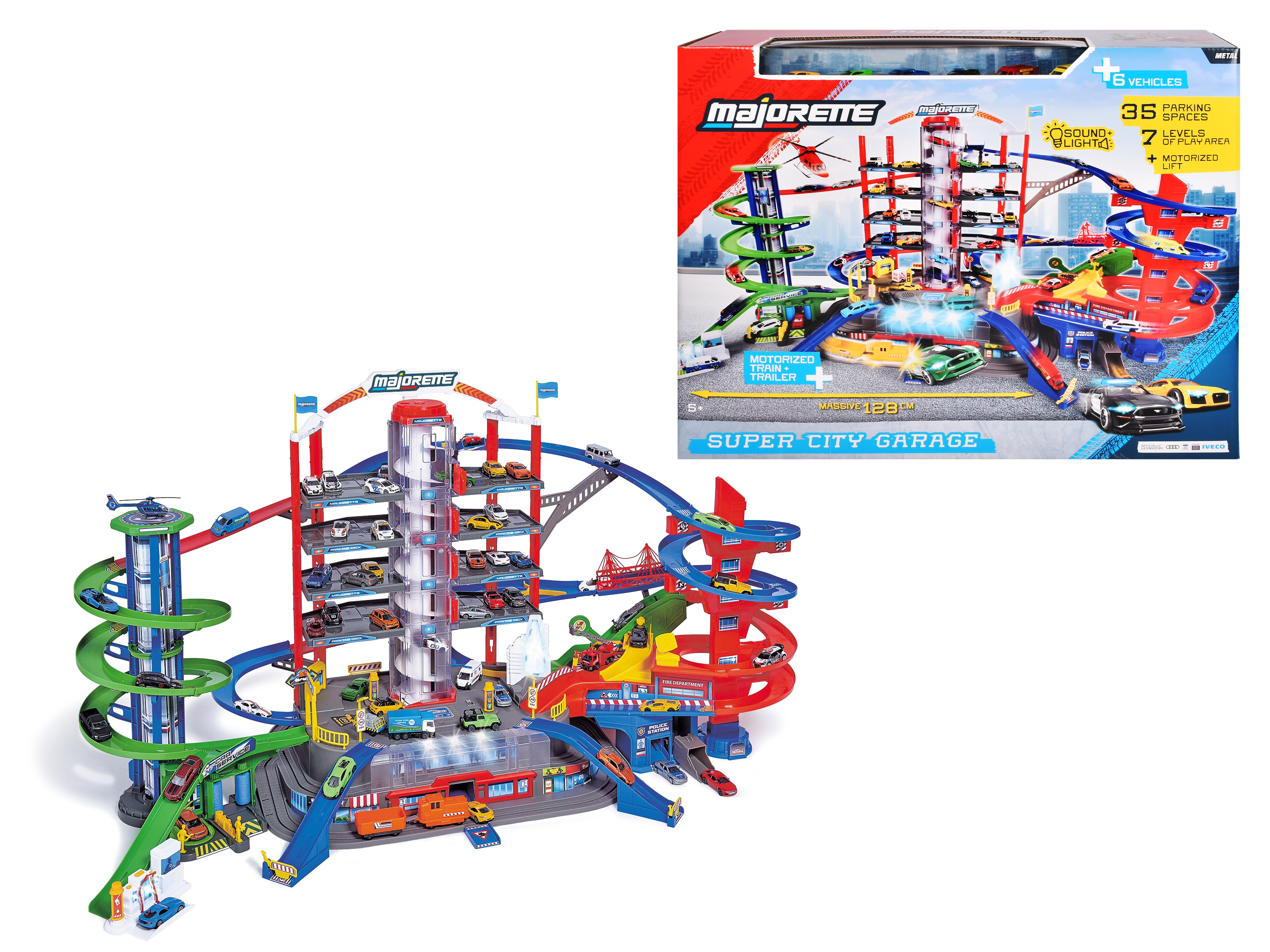 Majorette Super City Garage met 6 auto's en trein