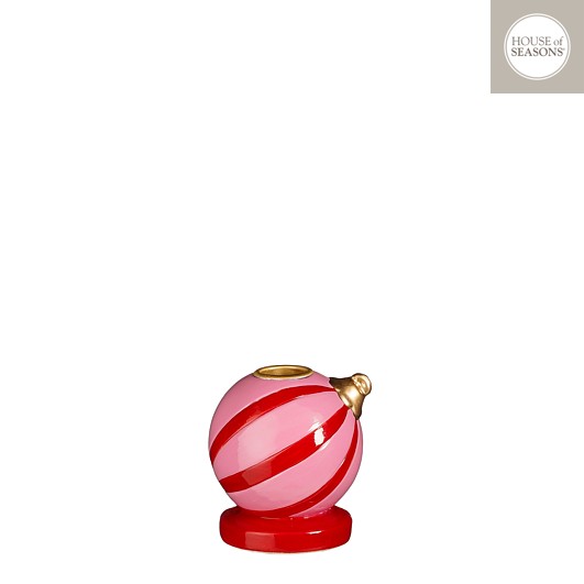House of Seasons Kandelaar Kerstbal - 7.5x7x8 cm - Roze Gestreept