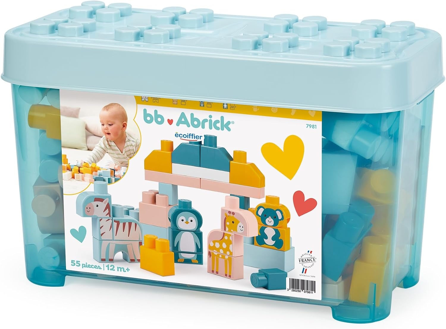Ecoiffier Abrick BB, Baby Bouwblokken 55 delig in koffer blauw, zoo dieren