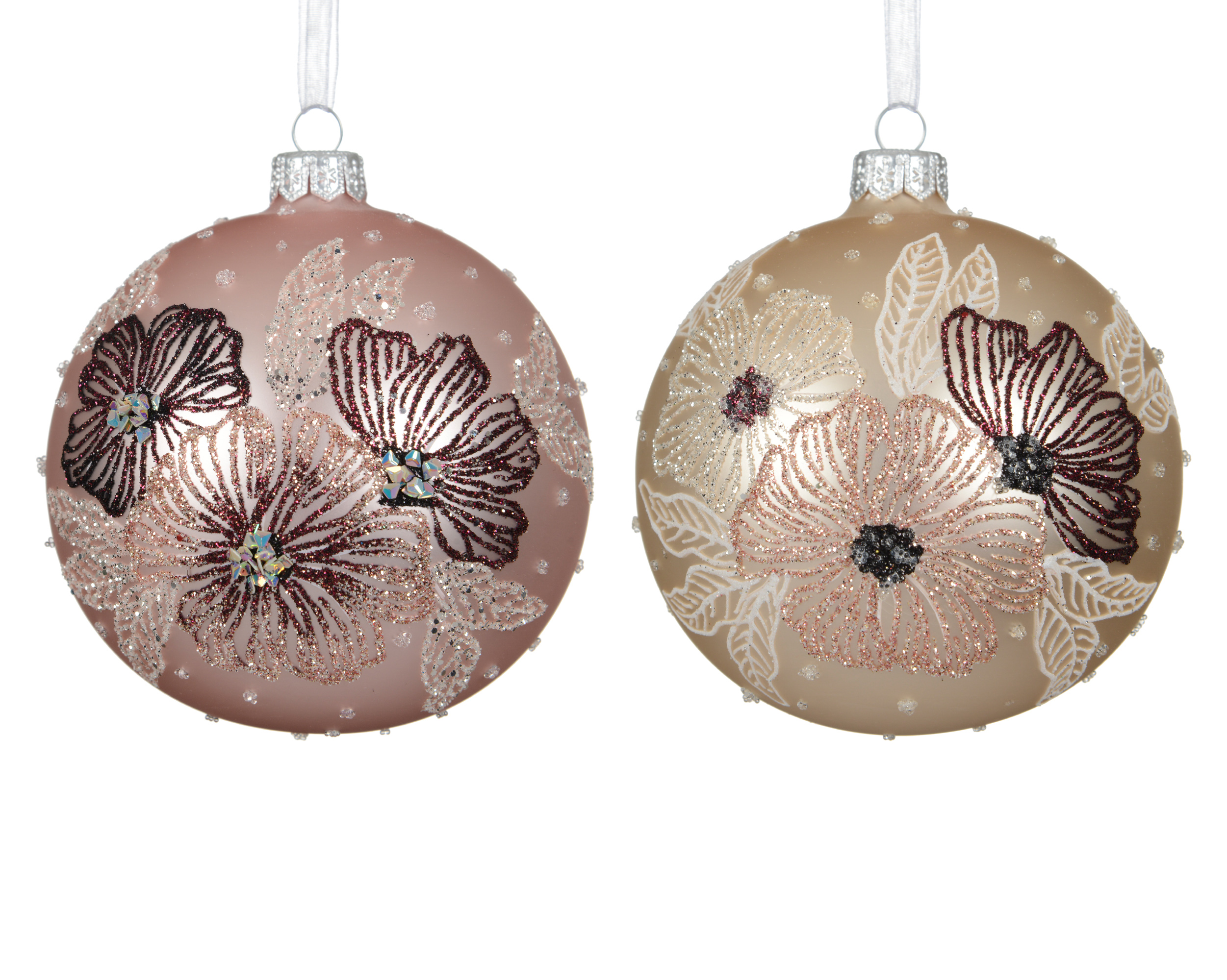 Kerstbal Glas 10cm met Bloemen - Mat - assorti - prijs per stuk