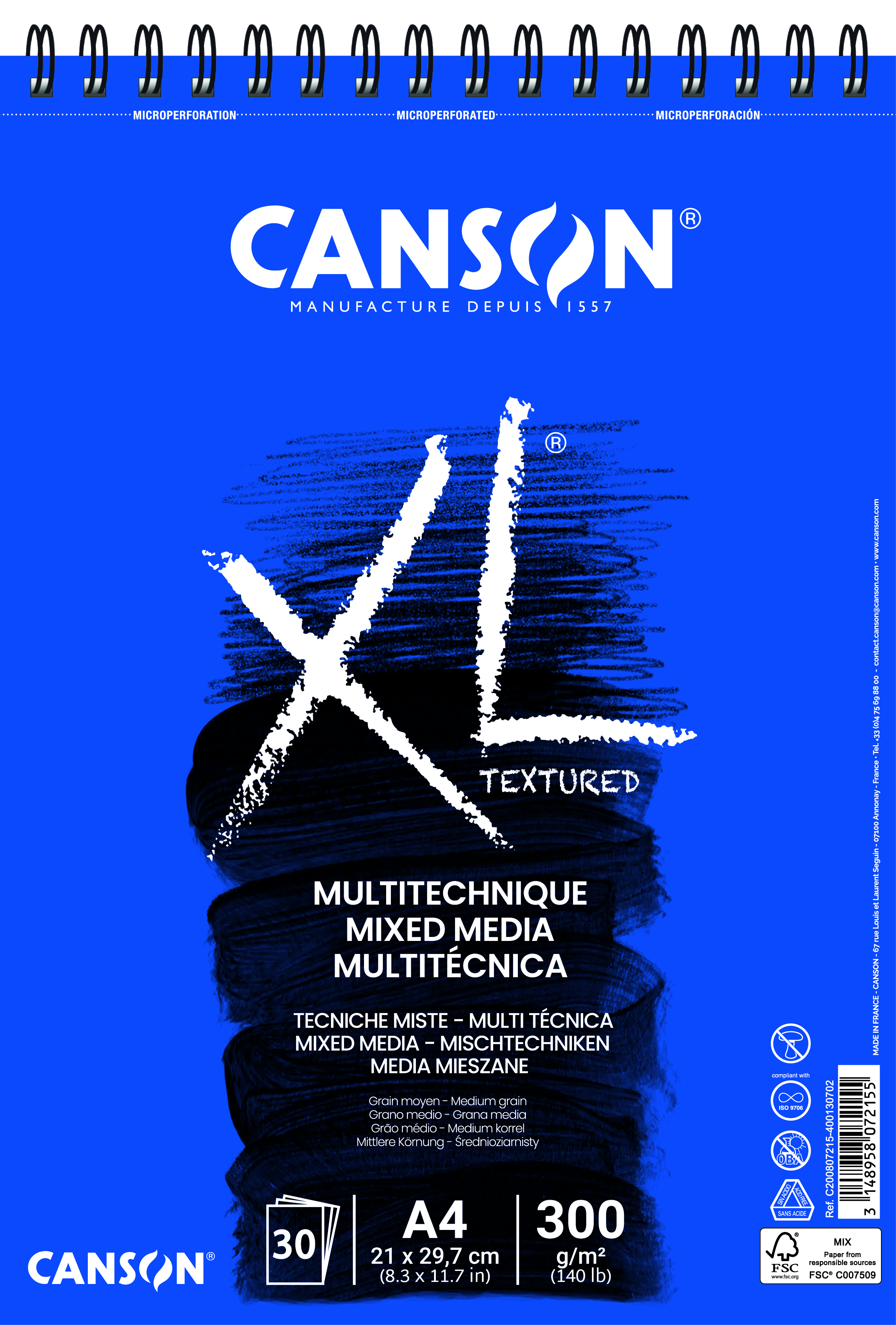 Canson Tekenblok XL Mixed Media A4 Spiraal Medium Korrel Wit 30 vel 300 g