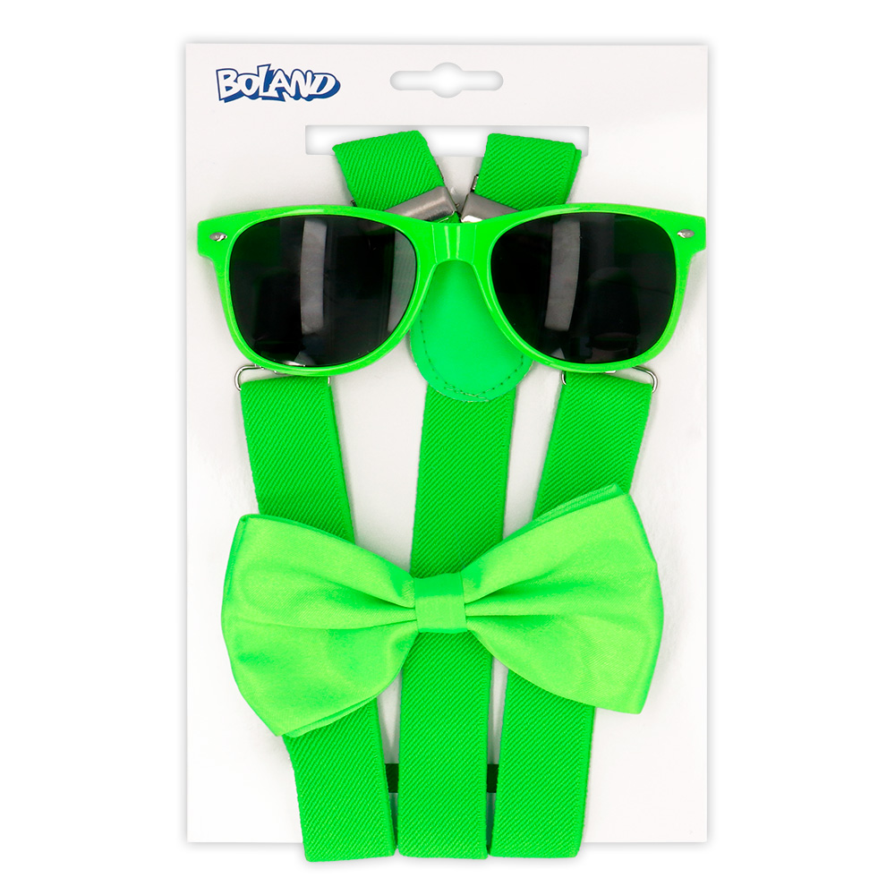 Accessoireset Neongroen UV Partybril, Vlinderstrik en Bretels