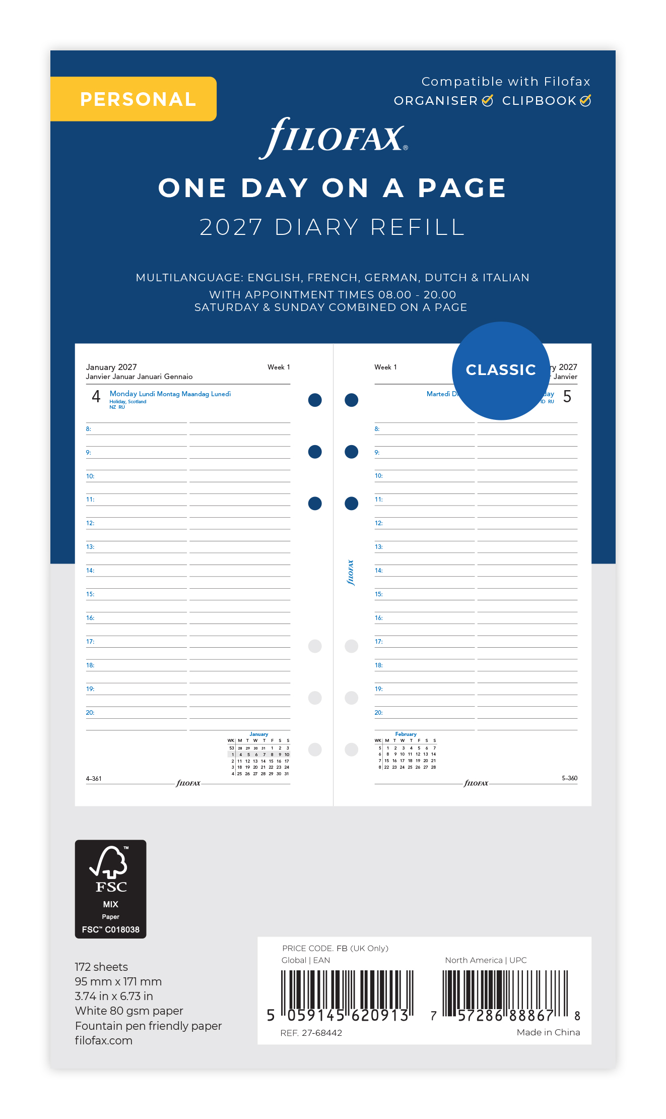 Filofax Agendavulling 2027 Classic Personal Meertalig 1dag/pag 9.5x17.1 cm