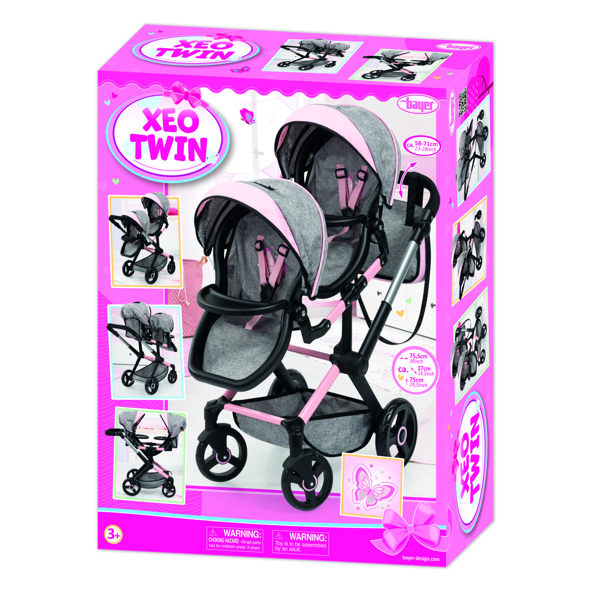 Xeo Twin, Tweelingpoppenwagen Grijs/Roze met vlinders