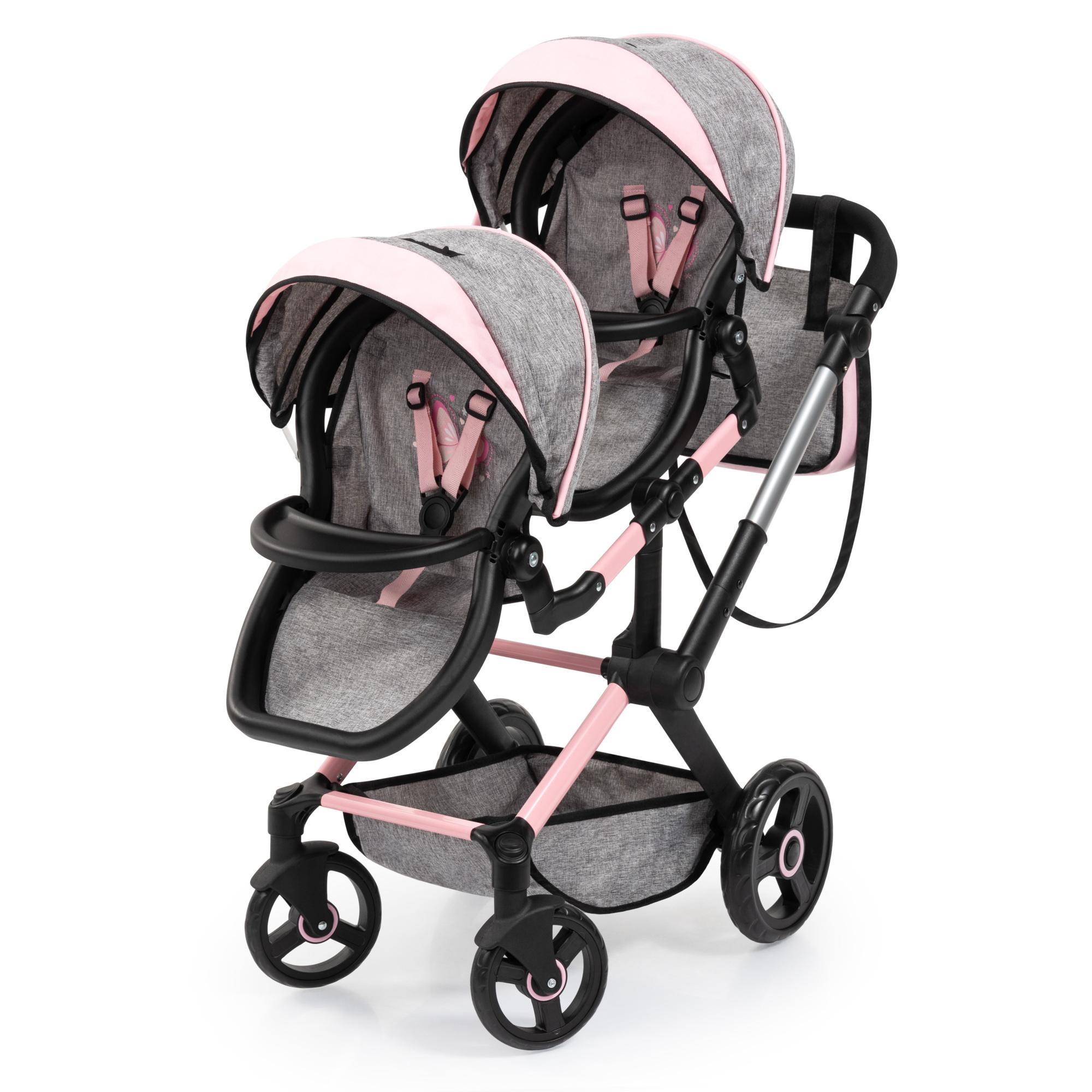 Xeo Twin, Tweelingpoppenwagen Grijs/Roze met vlinders