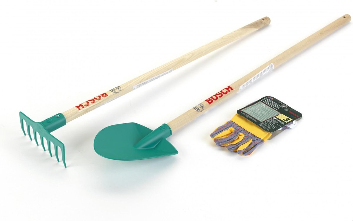 Bosch Tuingereedschap, Spade en Hark met houten steel 80 cm + Handschoenen