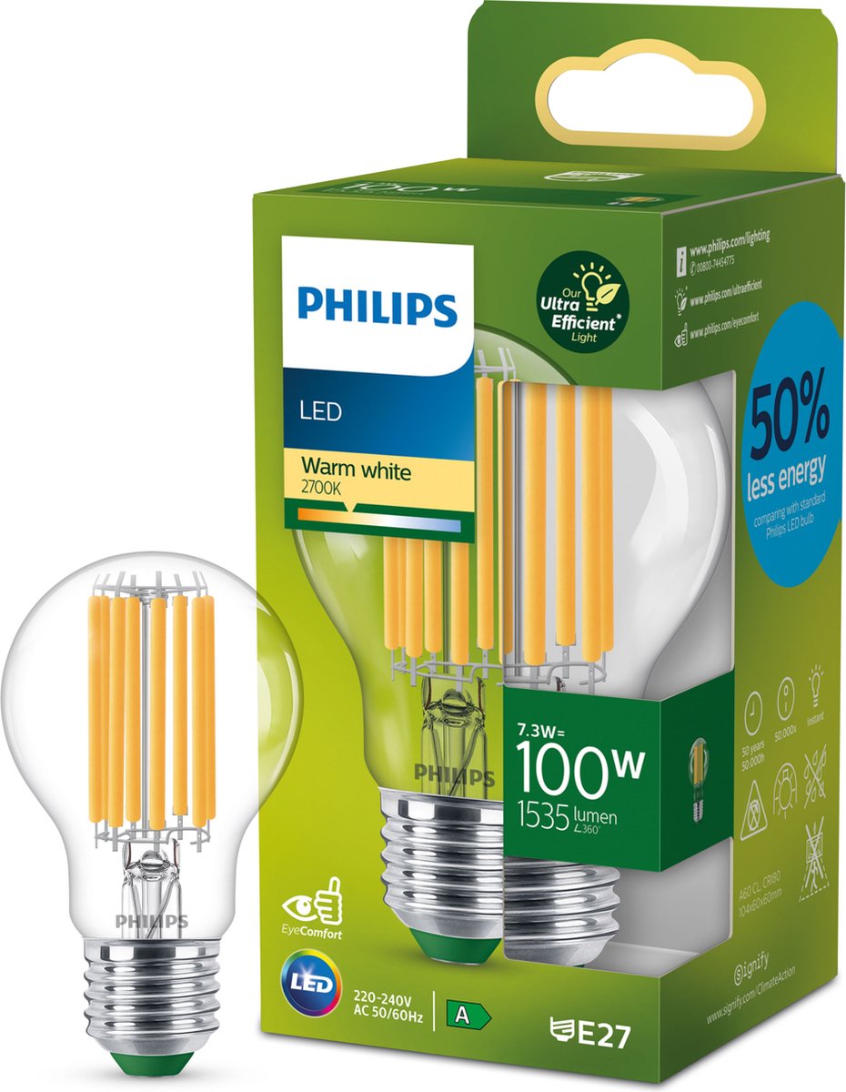 Philips LED Standaard Lamp A60 Filament E27 7.3W 1535lm 2700K