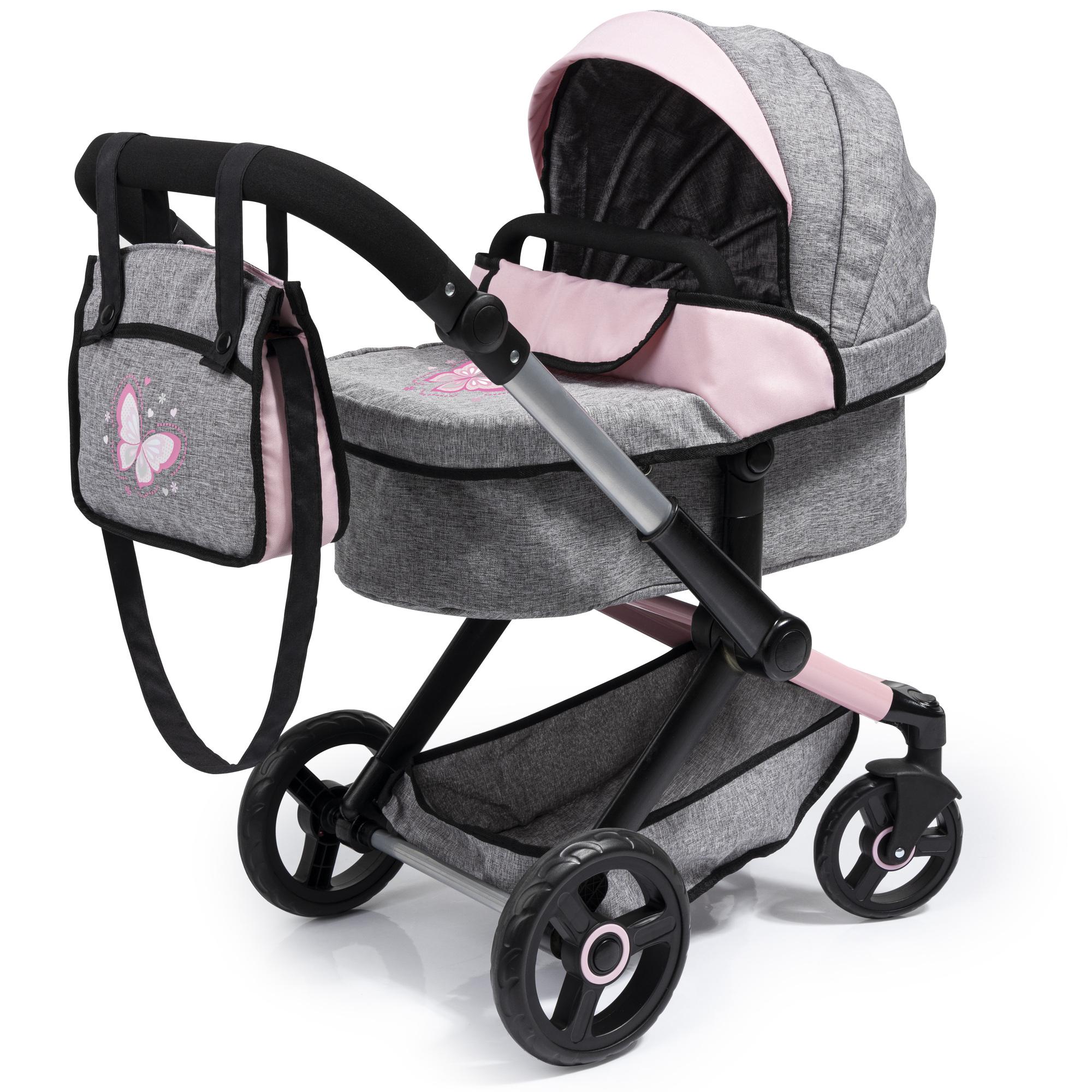 Xeo poppenwagen grijs/roze met luiertas voor poppen tot 46 cm