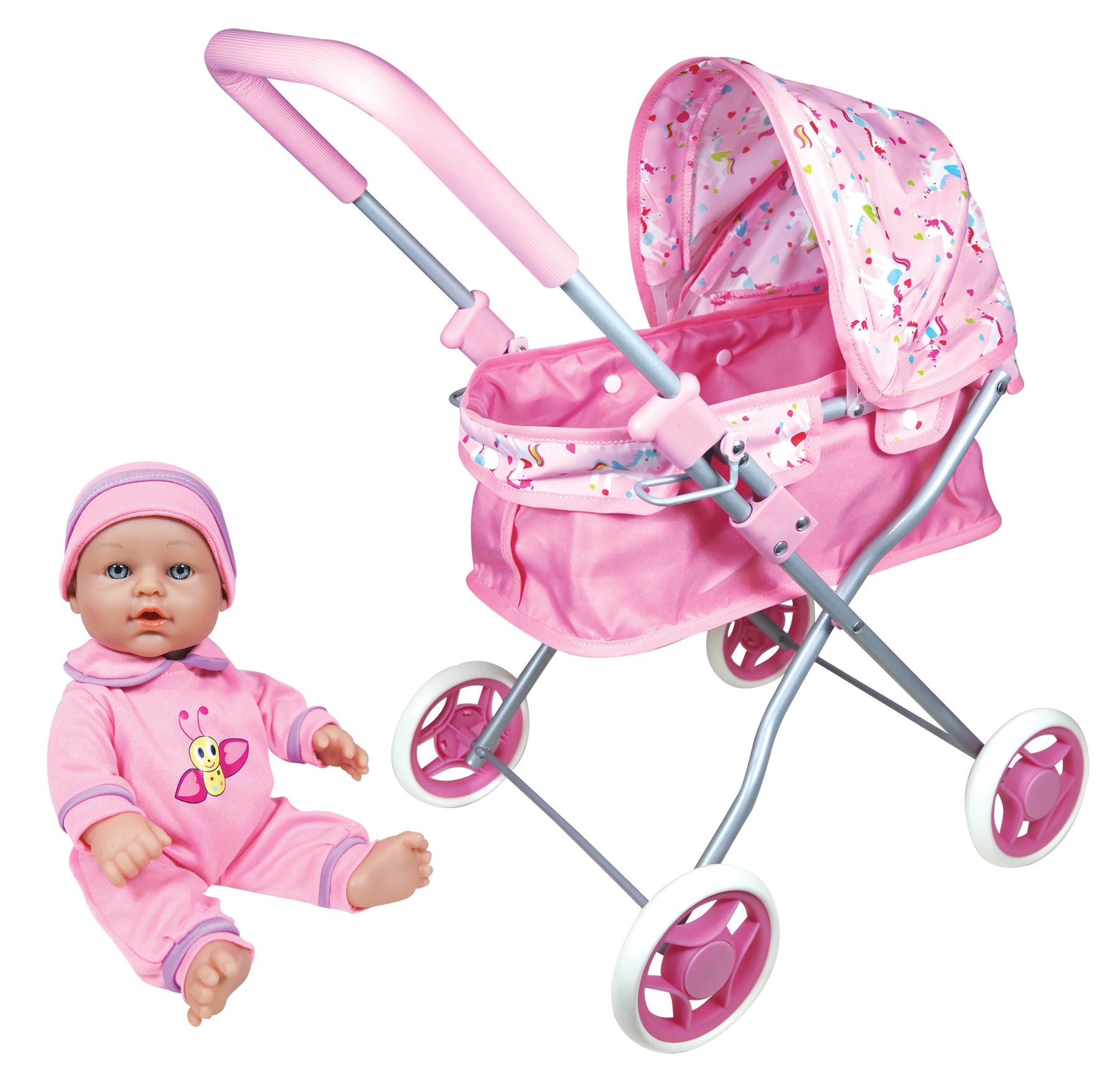 Poppenwagen met Babypop van 28 cm, Stroller set,