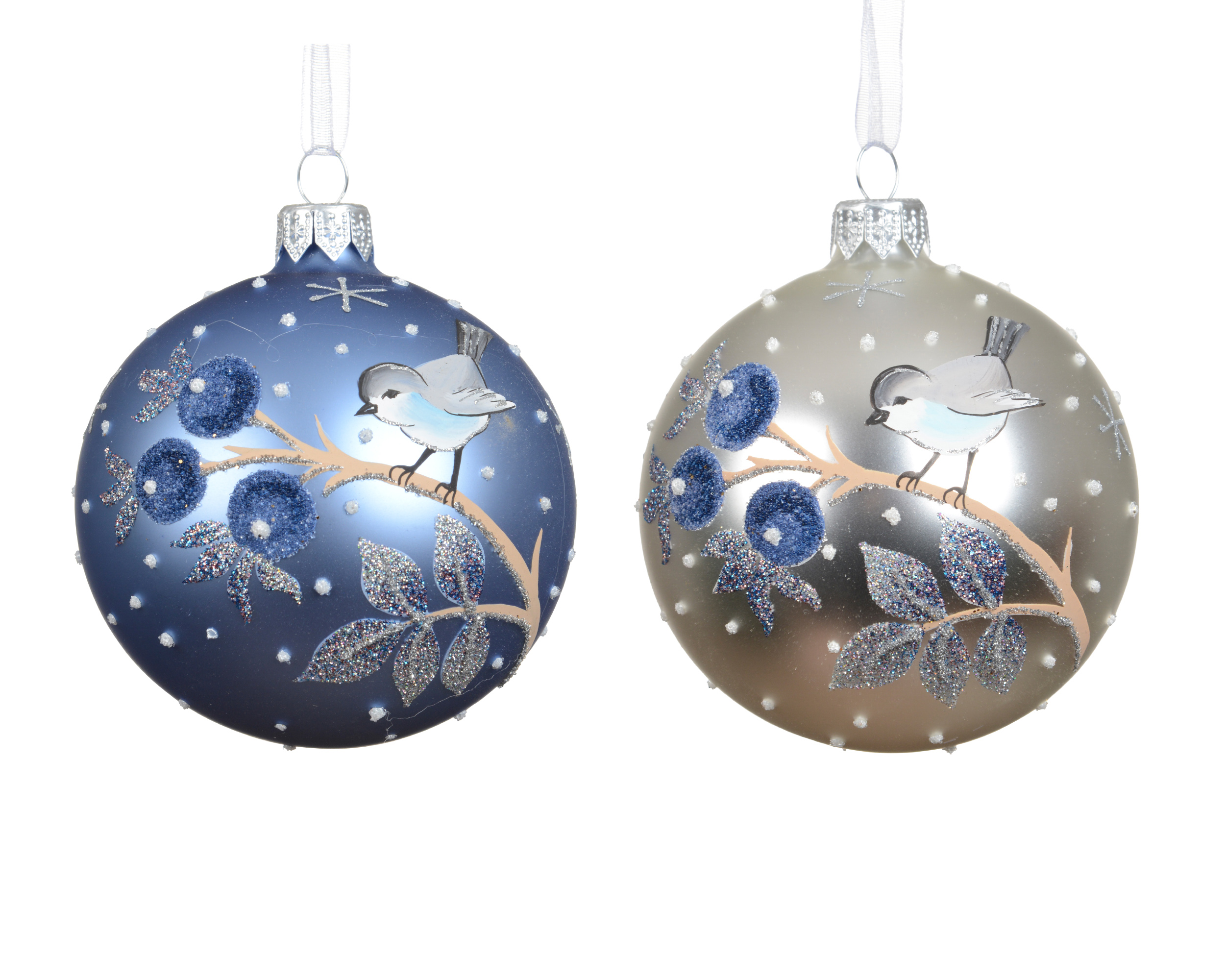 Kerstbal Glas 8cm met Vogel op Tak - Mat - assorti - prijs per stuk