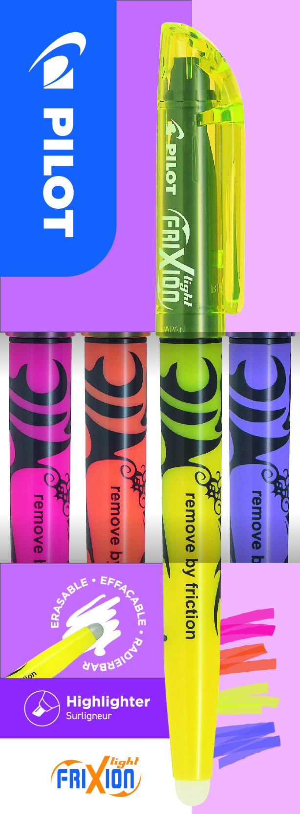 Pilot Frixion Light Set  4 Kleuren Roze-Oranje-Geel-Violet Uitwisbaar