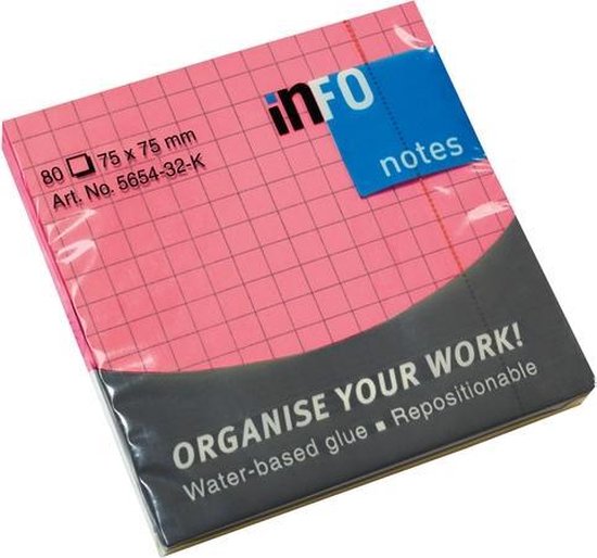 Info Notes Sticky Notes 75x75 mm - Fel Roze - 80 vellen - Ruitjes
